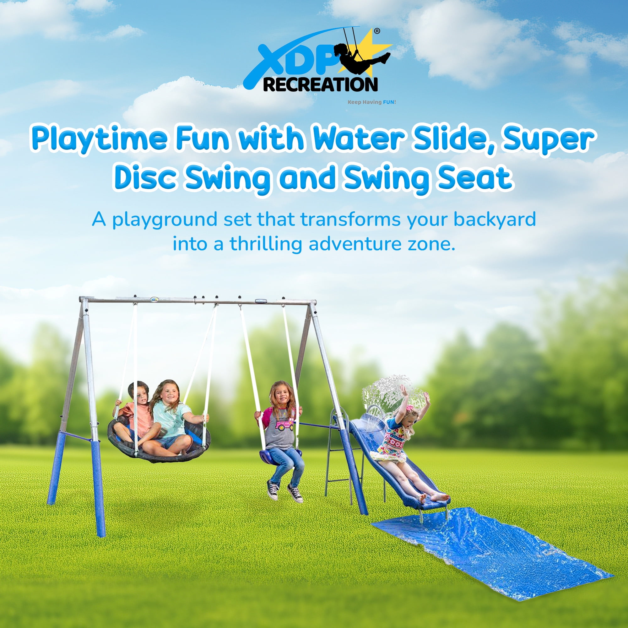 XDP Recreation Outdoor Swing Set with Wave Water Slide and Disc Swing (Black, 118 in x 91 in x 74 in) fv6bb