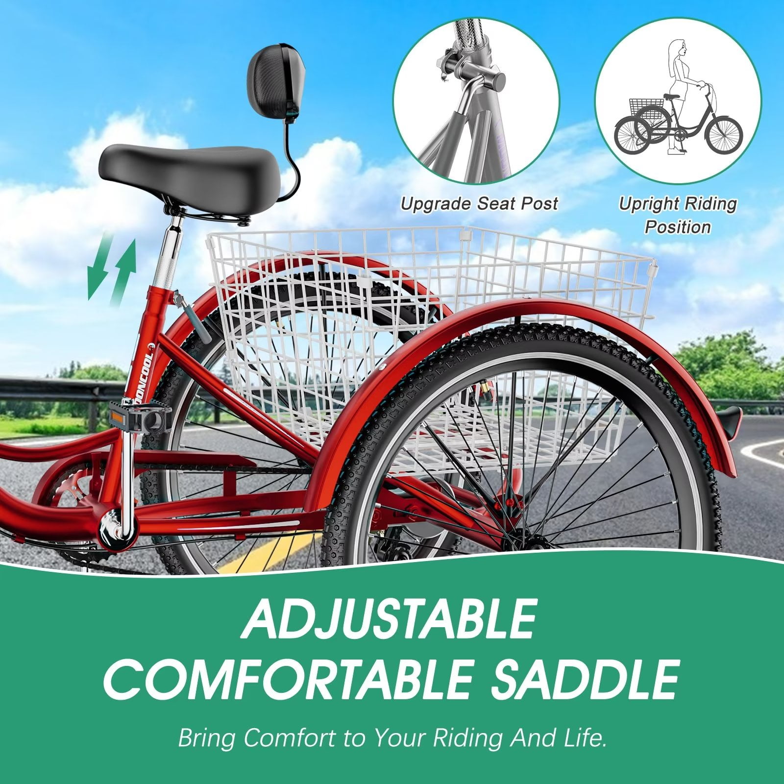 MOPHOTO 7-Speed Adult Tricycle, Low-Step Through Frame 3-Wheel Bike with Large Cargo Basket (Red, 26 in) f31w2