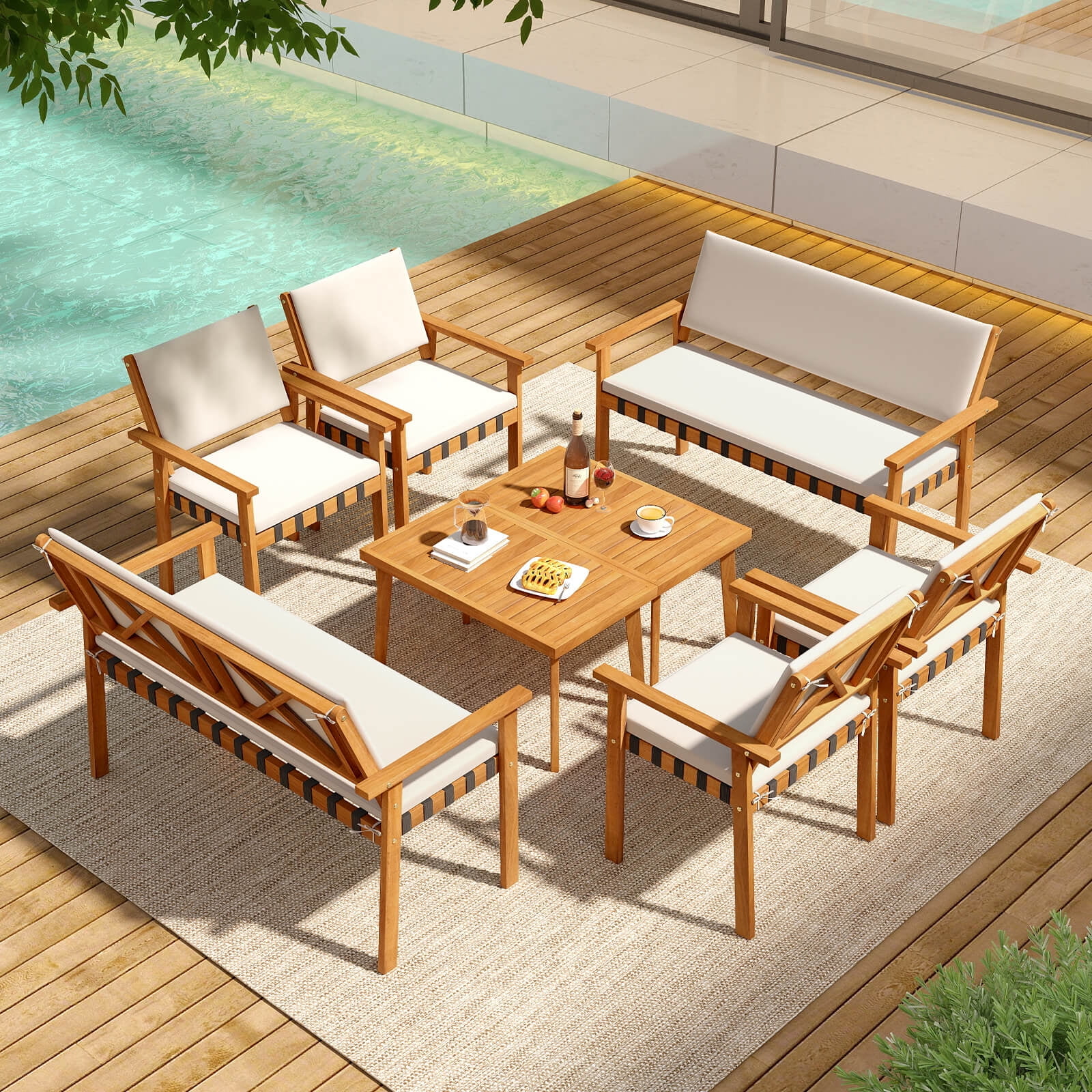 Costway 8-Piece Acacia Wood Patio Furniture Set with Coffee Table and Cushions (White, 8-Piece Set) toyzr