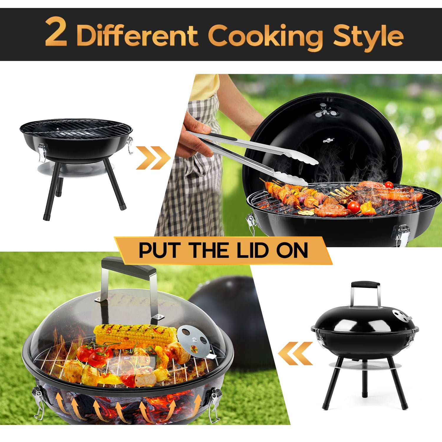 Coliware Portable Charcoal Grill, Enamel Coated Kettle Smoker with Dual Venting System (Black, 14 in) e98l6