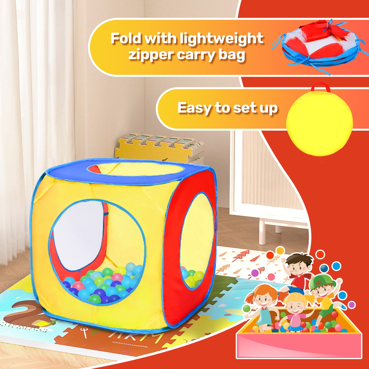 JoyStone Kids Pop Up Play Tent and Tunnel Set, Collapsible Indoor and Outdoor Jungle Gym (Multicolor, 3-Piece Set) 43nip