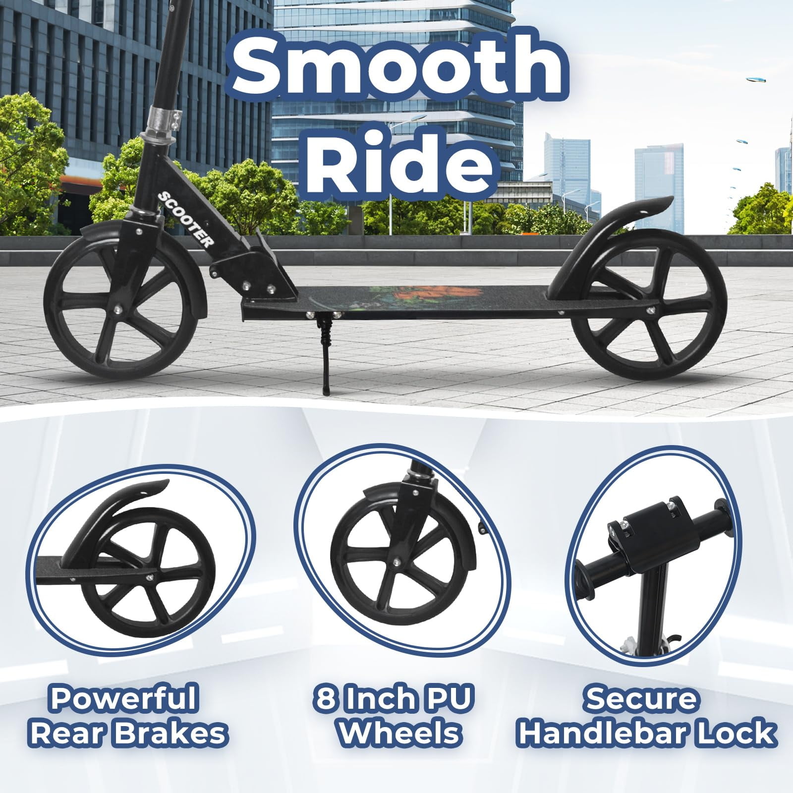 MammyGol Kick Scooter for Kids and Teens, Adjustable Height Folding Scooter with Anti-Shock Suspension (Black, 1 Unit) gz50v