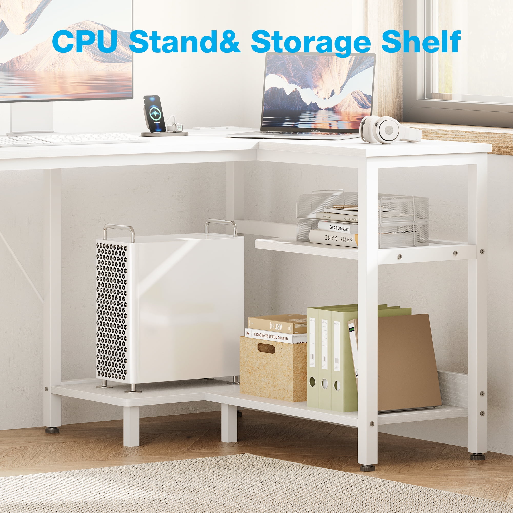 Casacomoda L-Shaped Computer Desk with Power Outlets, File Drawer, and Storage Shelves (White) cimfp