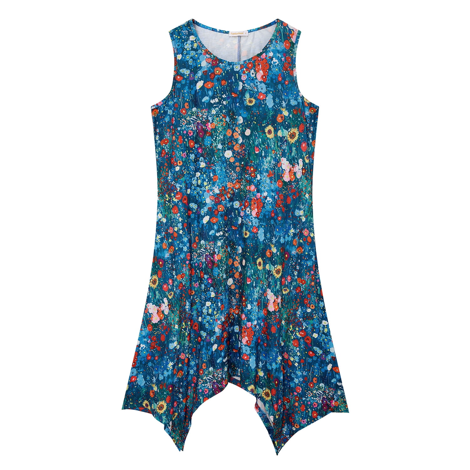 Fantaslook Floral Tank Dress for Women Sleeveless Asymmetrical Hem Sundress with Pockets (Blue, L) myn9q