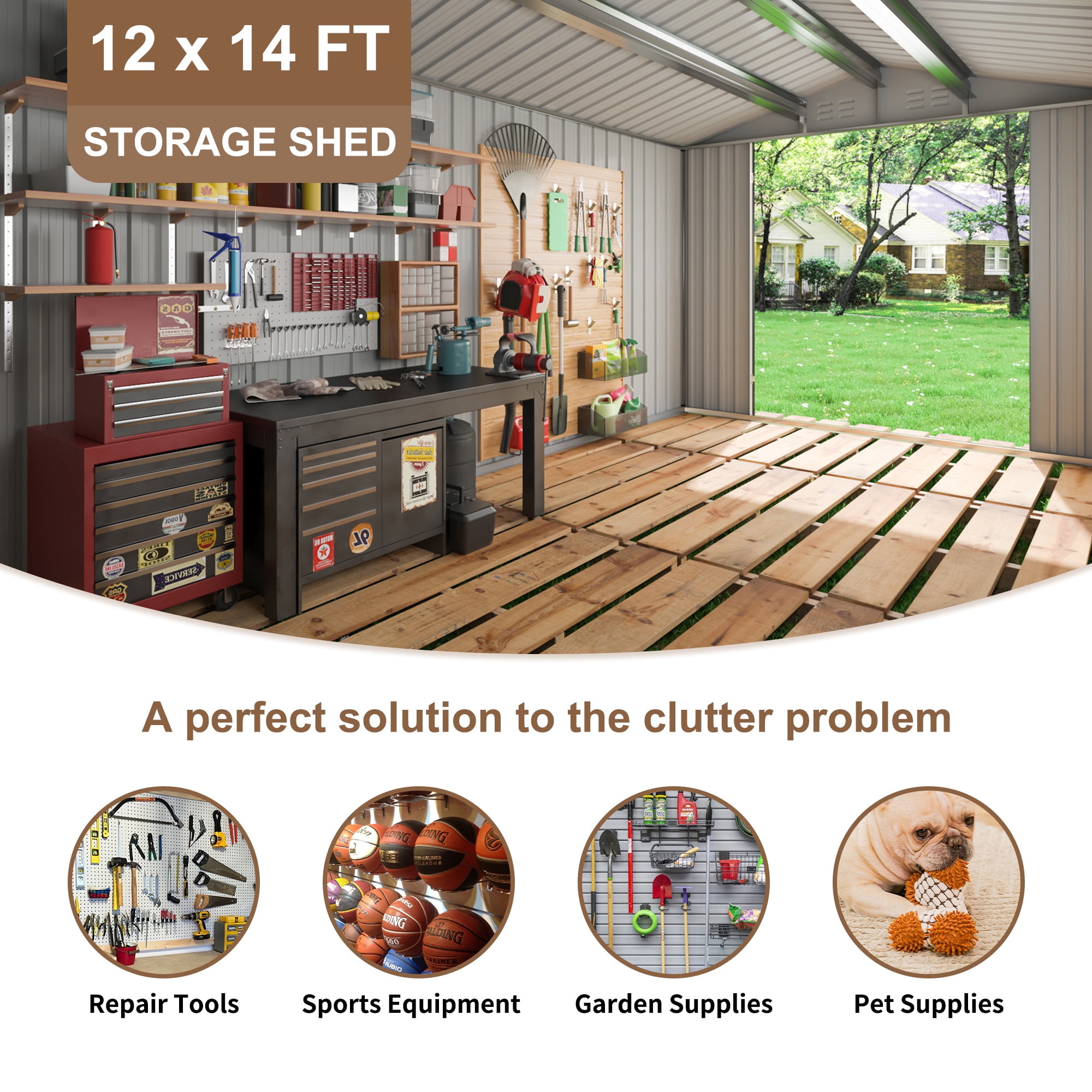 MUCHANT Outdoor Metal Storage Shed with Lockable Doors and Reinforced Frame (White, 12 ft x 14 ft) 9rvk2