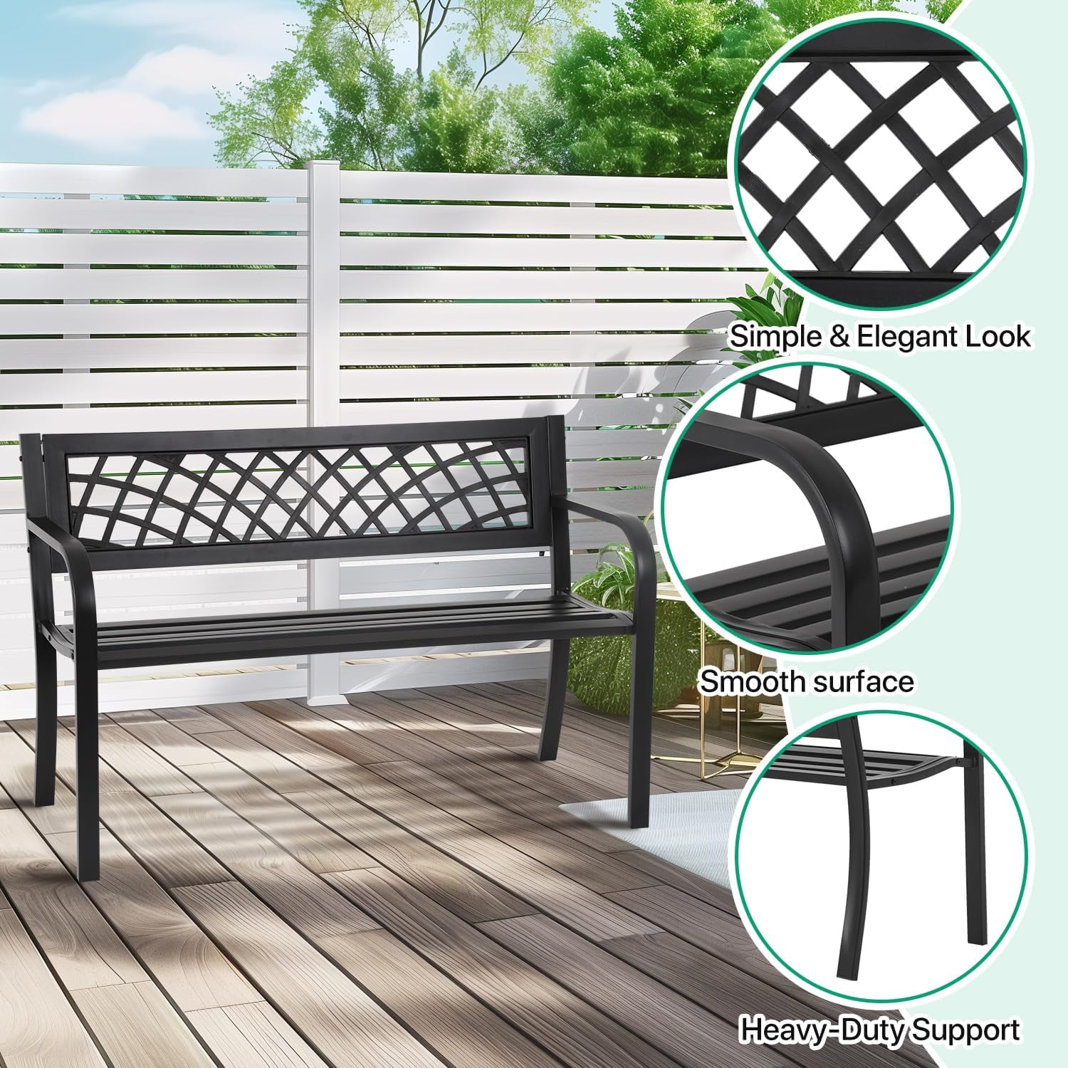 Dkeli Outdoor Garden Bench with Armrests, Rust-Resistant Steel Patio Park Seat (Black, 45.5 in L x 21.7 in D x 30 in H) 7r3qn