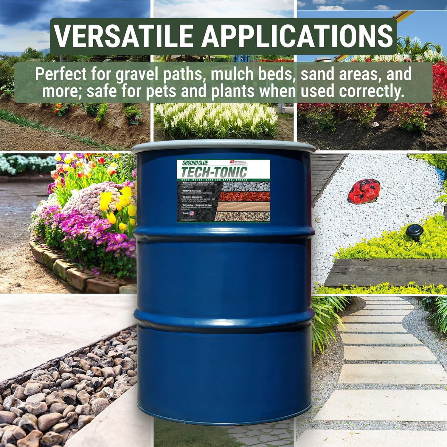 Ground Glue Tech-Tonic Landscape Adhesive for Rock, Mulch, and Sand, Weatherproof Stabilizer for Trails and Slopes (55 Gallon) ne1ld