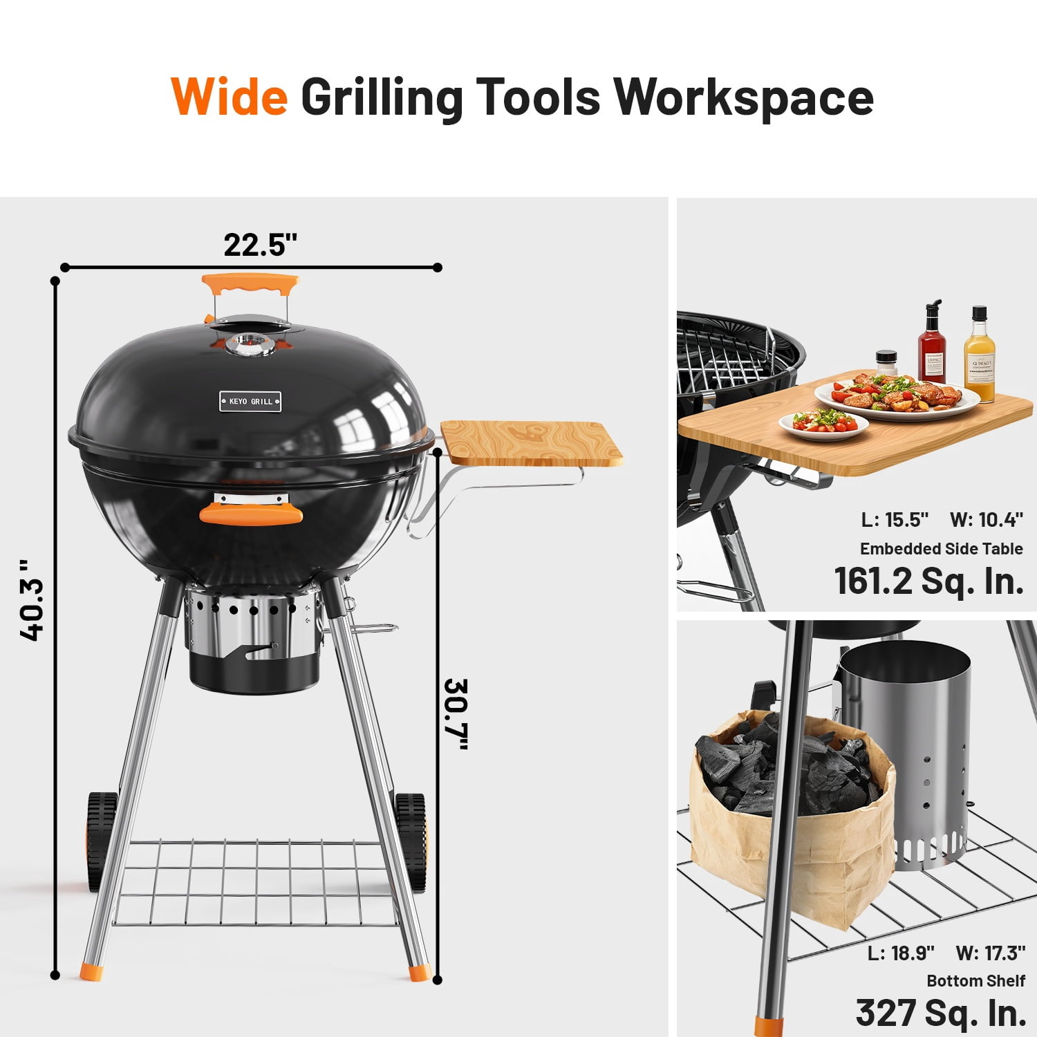 KEYO GRILL 21 in. Kettle Charcoal Grill with Side Table and Ash Catcher (Black, 21 in) 2f71i