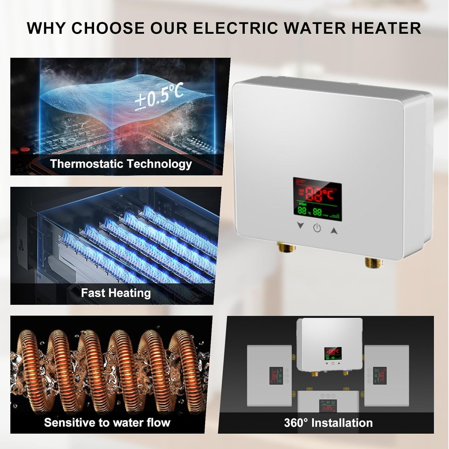 LEXKUYI Electric Tankless Water Heater, Instant Hot Water System with Remote Control and Digital Display (110V, 3500W) ek0dp