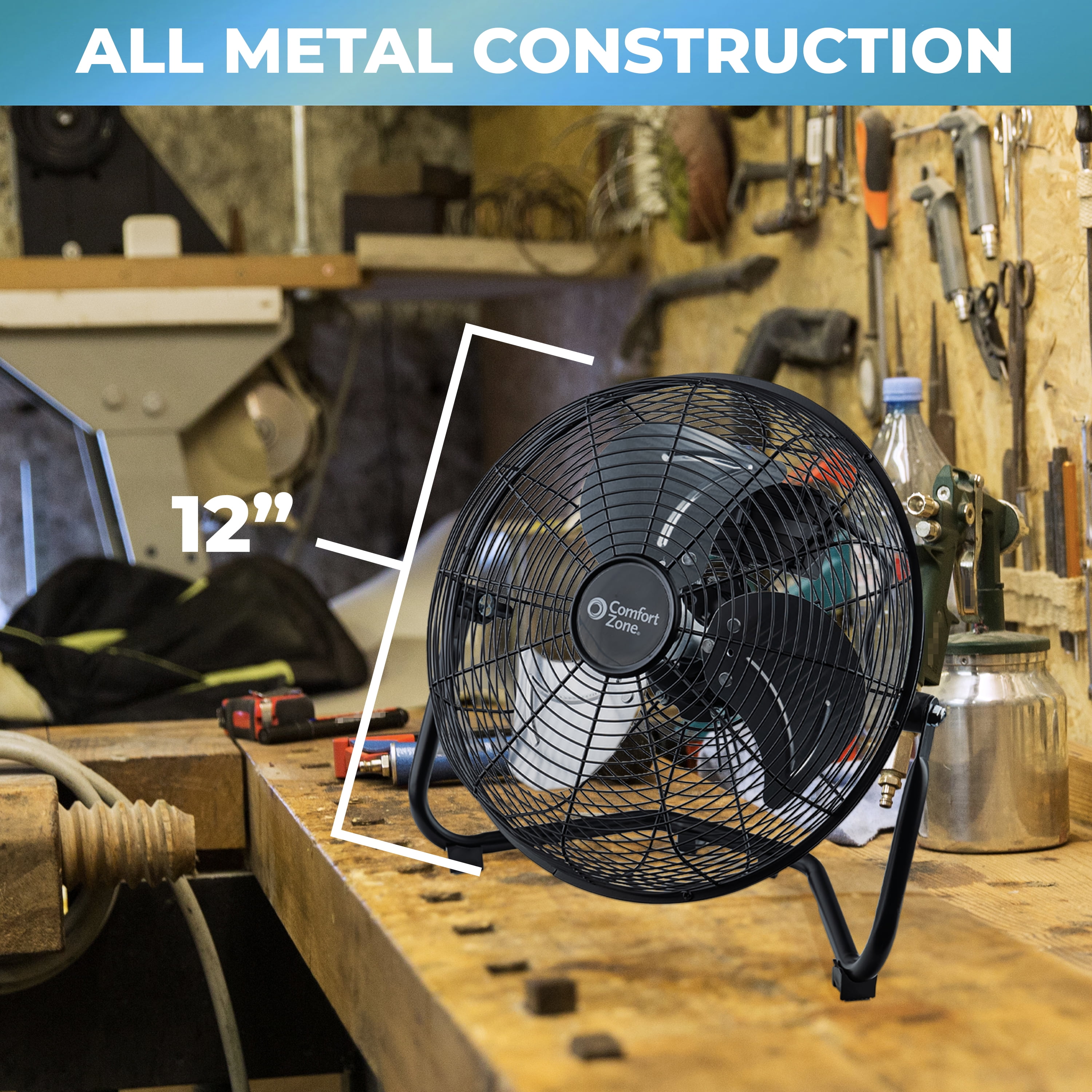 Comfort Zone 12 in. All-Metal Floor or Desk Fan (Black, 12 in) 1x6wd