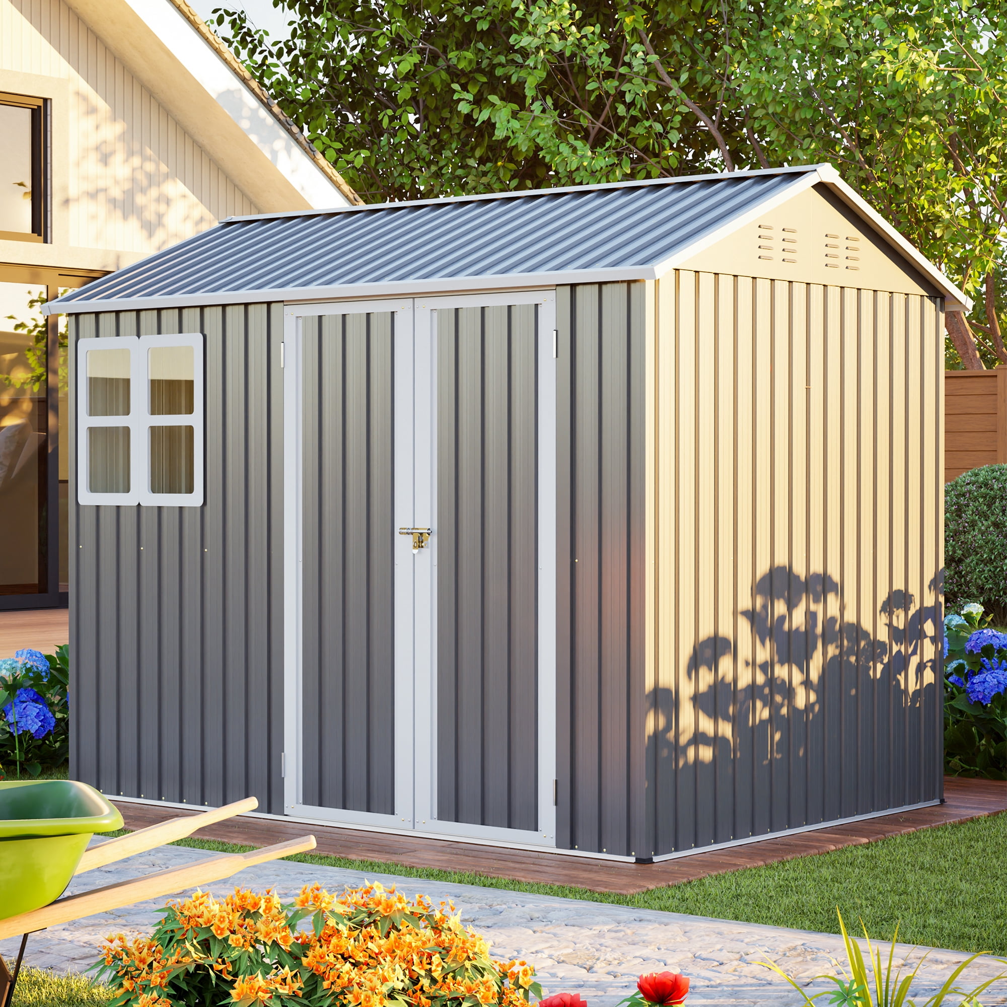 Roninkier Large Galvanized Steel Storage Shed with Lockable Double Doors and Window (Dark Gray, 8x6 ft) 6k2hq