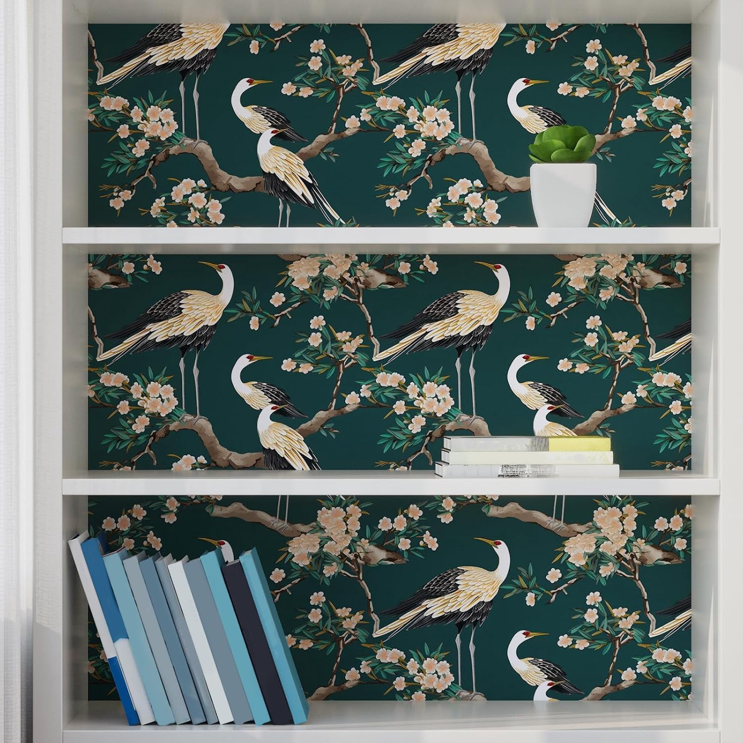 Usachibb Peel and Stick Wallpaper, Crane Bird Floral Contact Paper (Dark Green, 17.5 in x 118 in) 8ncdf