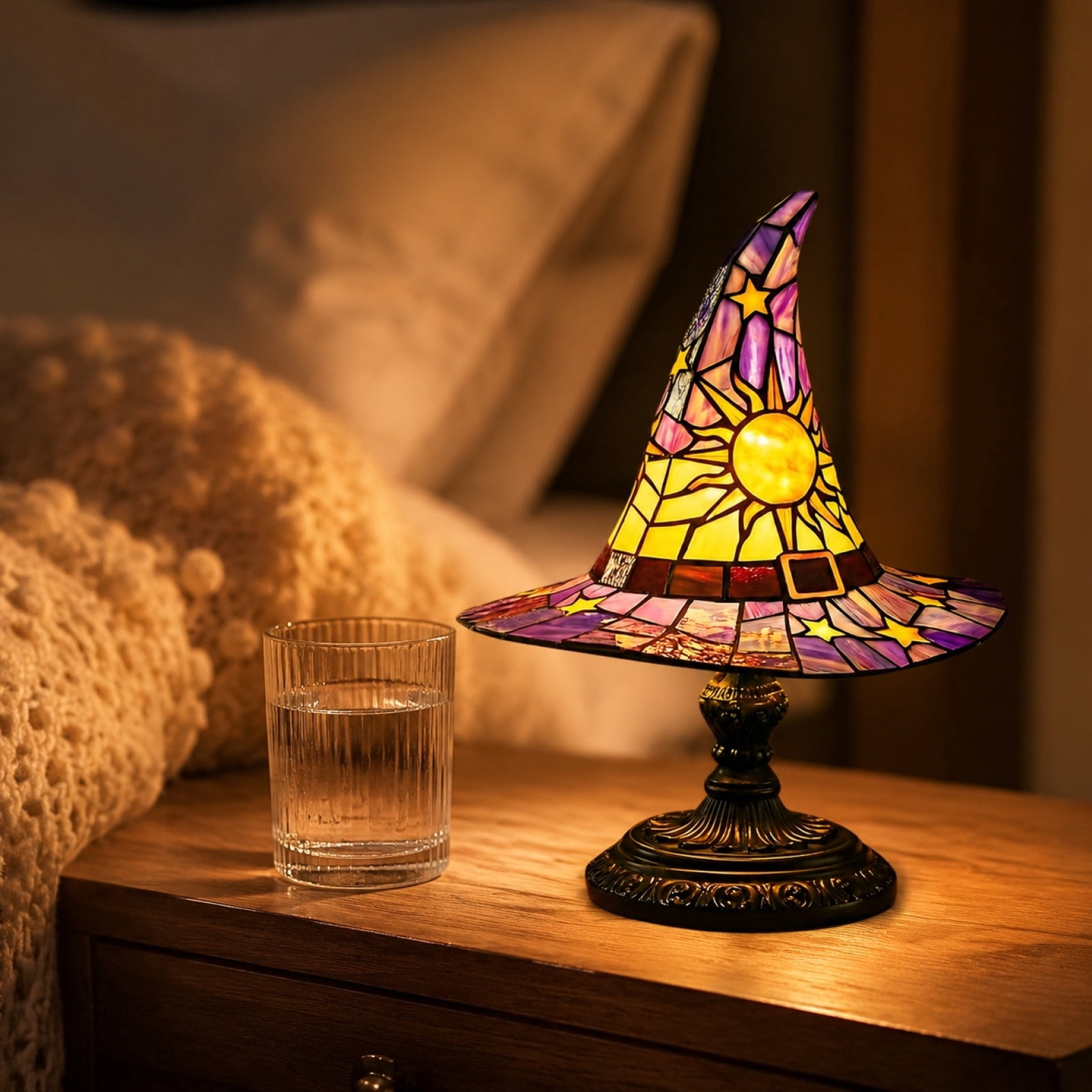 Outtop Halloween Witch Hat Stained Glass Table Lamp, Tiffany-Style LED Night Light with Sun and Star Motifs (Purple, 7.09 in) i3tdw