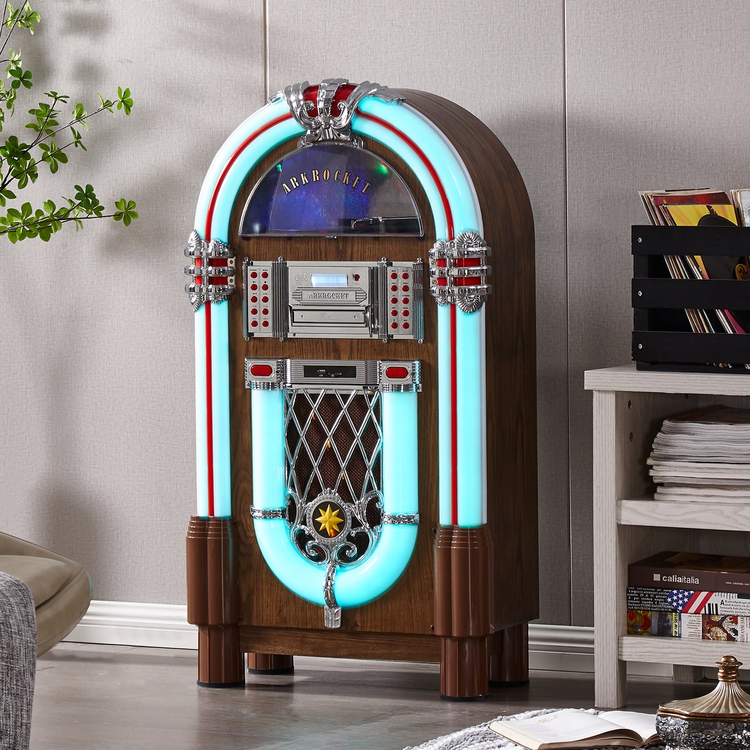Arkrocket Taurus II Retro Jukebox with Bluetooth, Vinyl, CD, USB, and SD Player (Dark Oak) wg69s