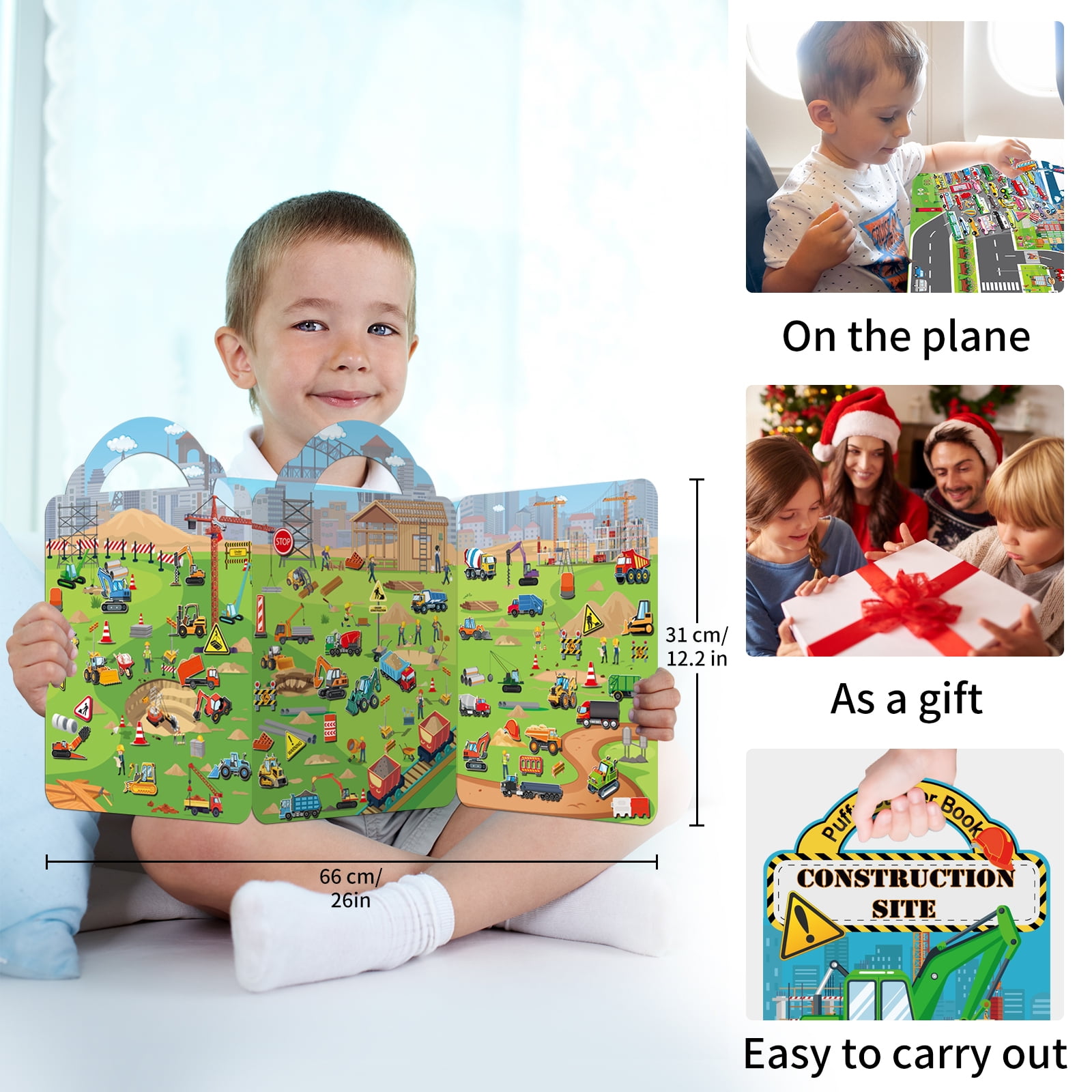 Elfew Puffy Sticker Books for Kids, 3D Reusable Construction and Vehicle Activity Set (Green, 2 Pack) 1gy62