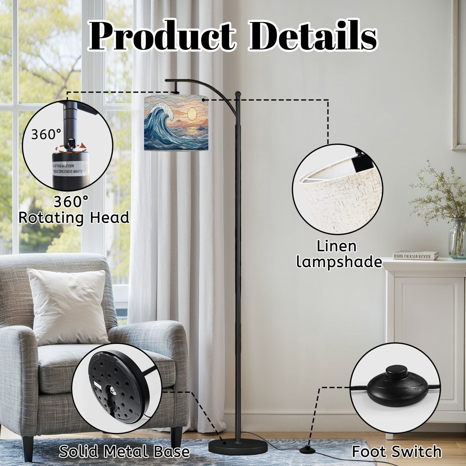 RAINFALLARING Arc Floor Lamp with Adjustable Lampshade, Dimmable LED Standing Pole Lamp with Remote and Foot Switch (Ocean Wave, 63 in) gg34s