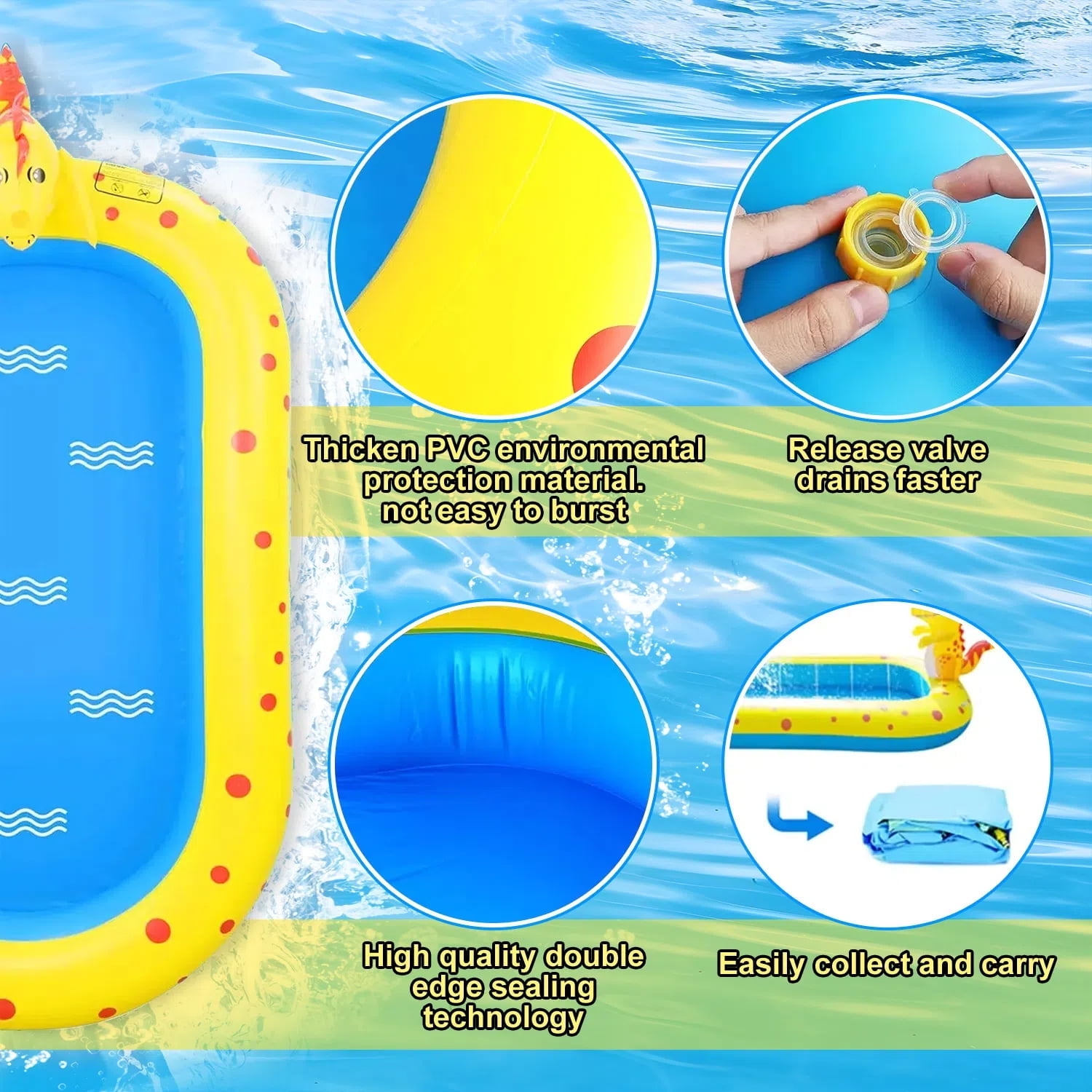 Teblint Inflatable Dinosaur Sprinkler Pool for Kids, Outdoor Water Play Center with Spray Features (Blue-Yellow, 67 in x 41 in x 26 in) ya4c7