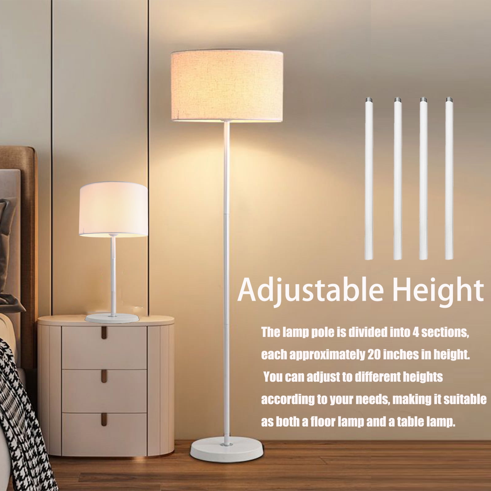 Susuzi 60 inch Adjustable LED Floor Lamp, Dimmable Standing Light for Living Room and Bedroom (White, 60 in) q09p7