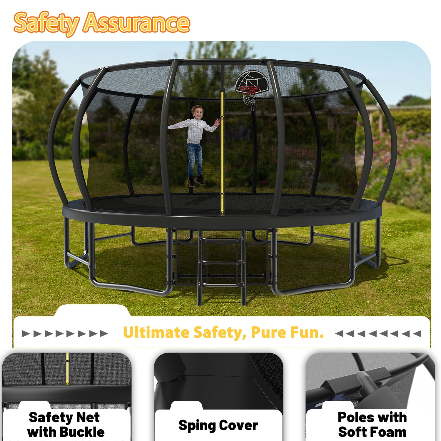 Leumius 16 ft Outdoor Recreational Trampoline with Safety Enclosure, Ladder, and Basketball Hoop (Black, 16 ft) j4kjx