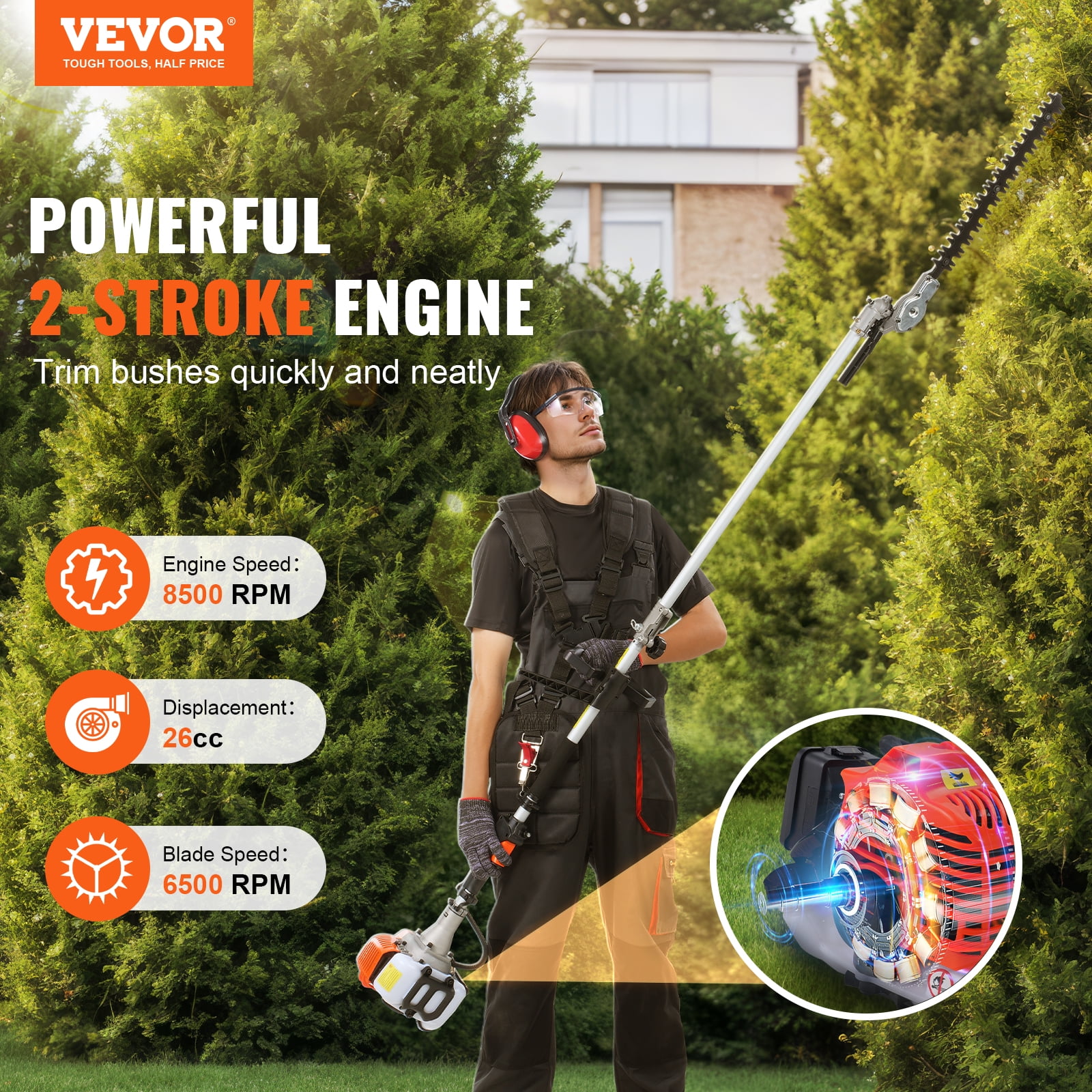 VEVOR 26CC 5-in-1 Gas Multi-Tool System, Hedge Trimmer, Pole Saw, String Trimmer, Edger, and Brush Cutter (1 Unit) b7yo3