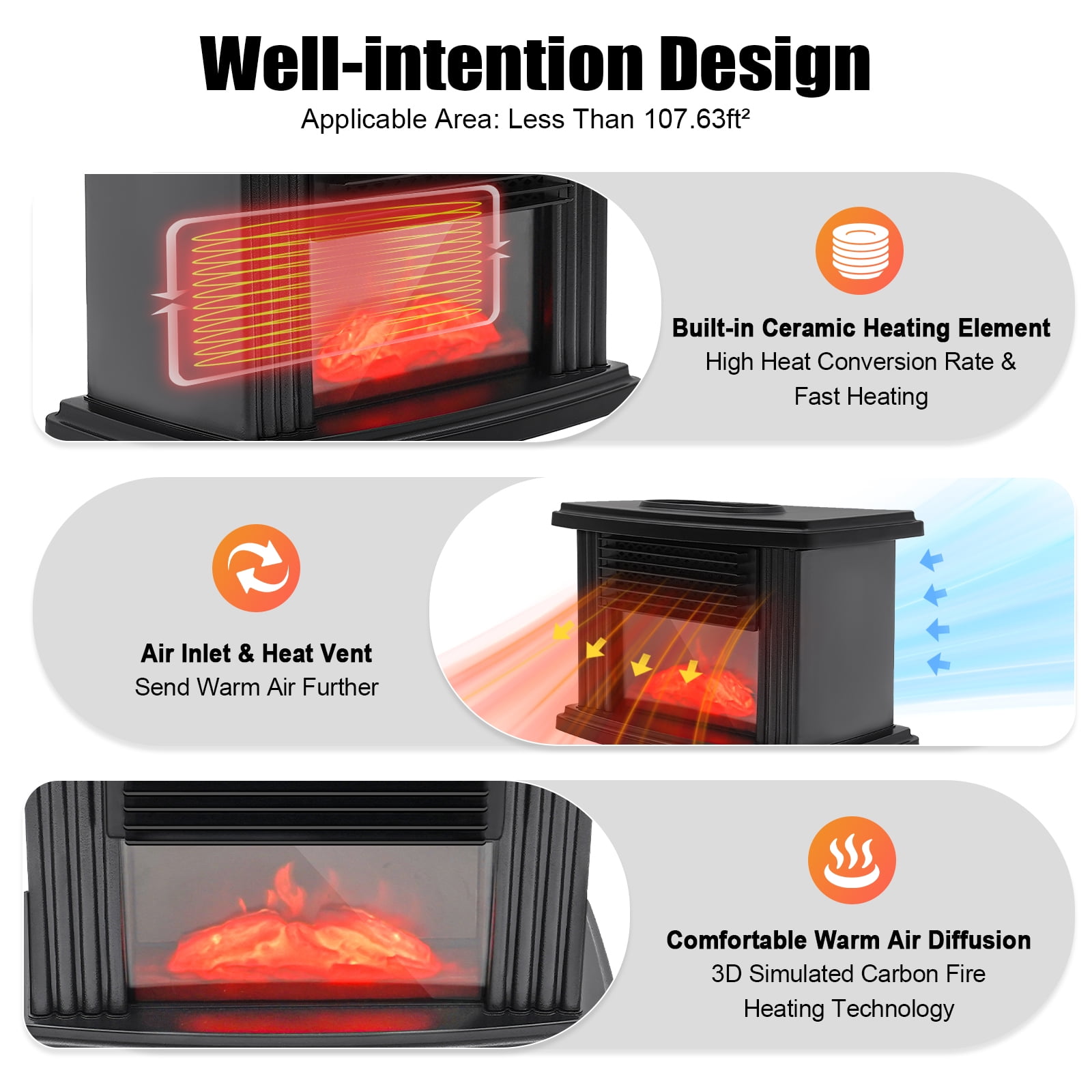 TOOL1SHOoo Electric Fireplace Space Heater, 3D Flame Log Burner, Portable Fast Heating (Black, 1000W) b20fj