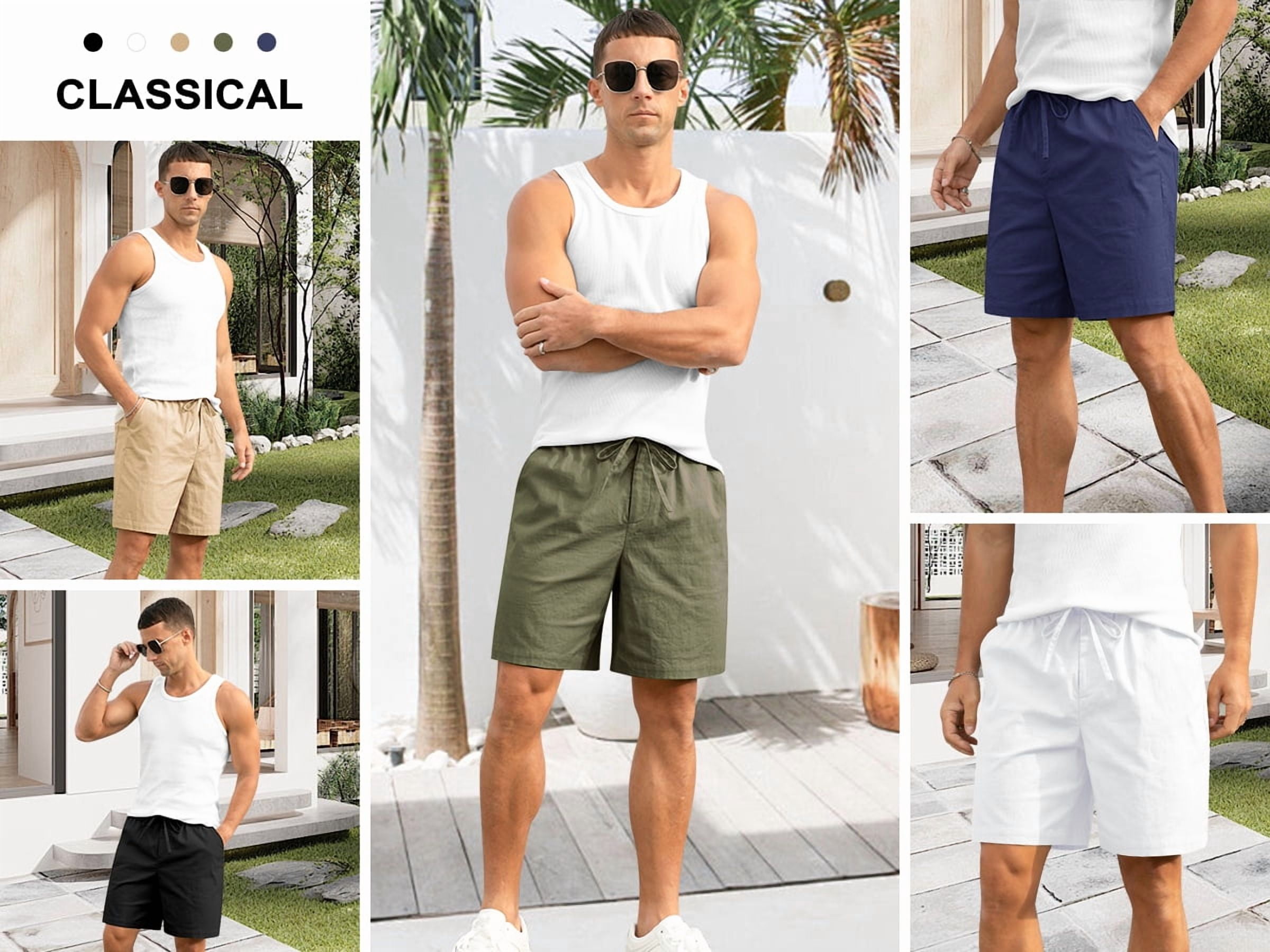 Iceglad Mens Cotton Linen Shorts Casual Summer Beach Drawstring Shorts (White, Large) eqllz