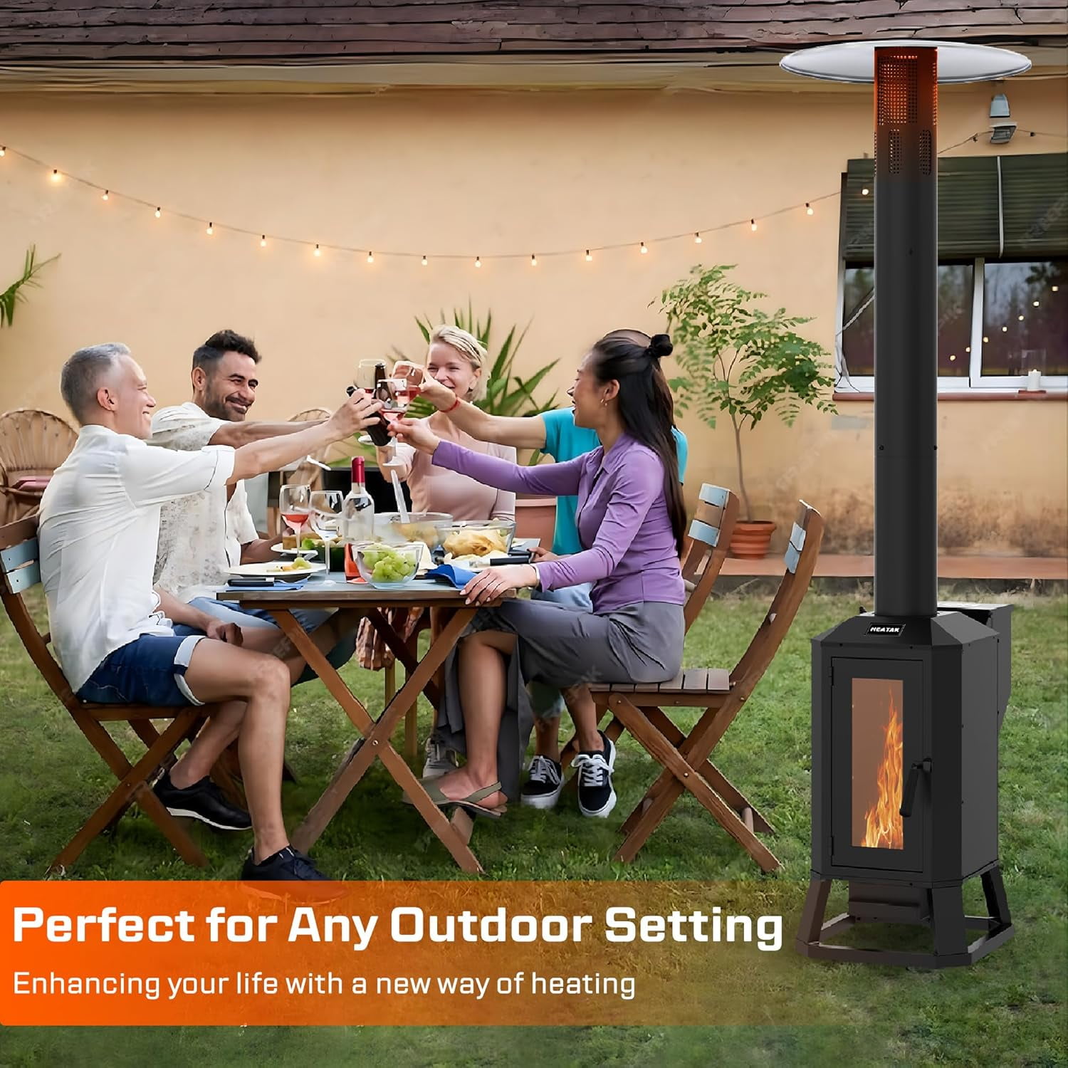 HEATAK Outdoor Wood Pellet Patio Heater, 70,000 BTU Freestanding Backyard Heater (Black, 79.9 in H x 26 in L x 65.5 in W) uzppj