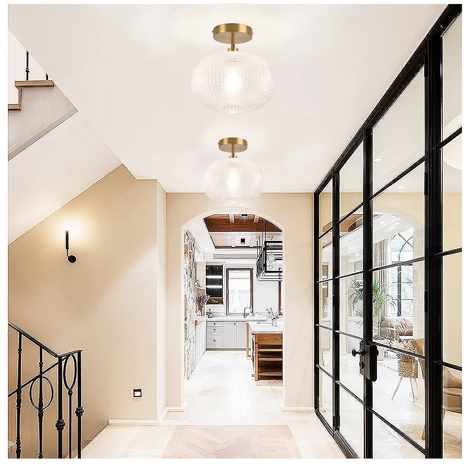 Jolydoly Semi Flush Mount Ceiling Light, Globe Glass Vintage Gold Fixture for Hallway Bedroom (9.84 in x 9.84 in x 7.49 in) rm65n