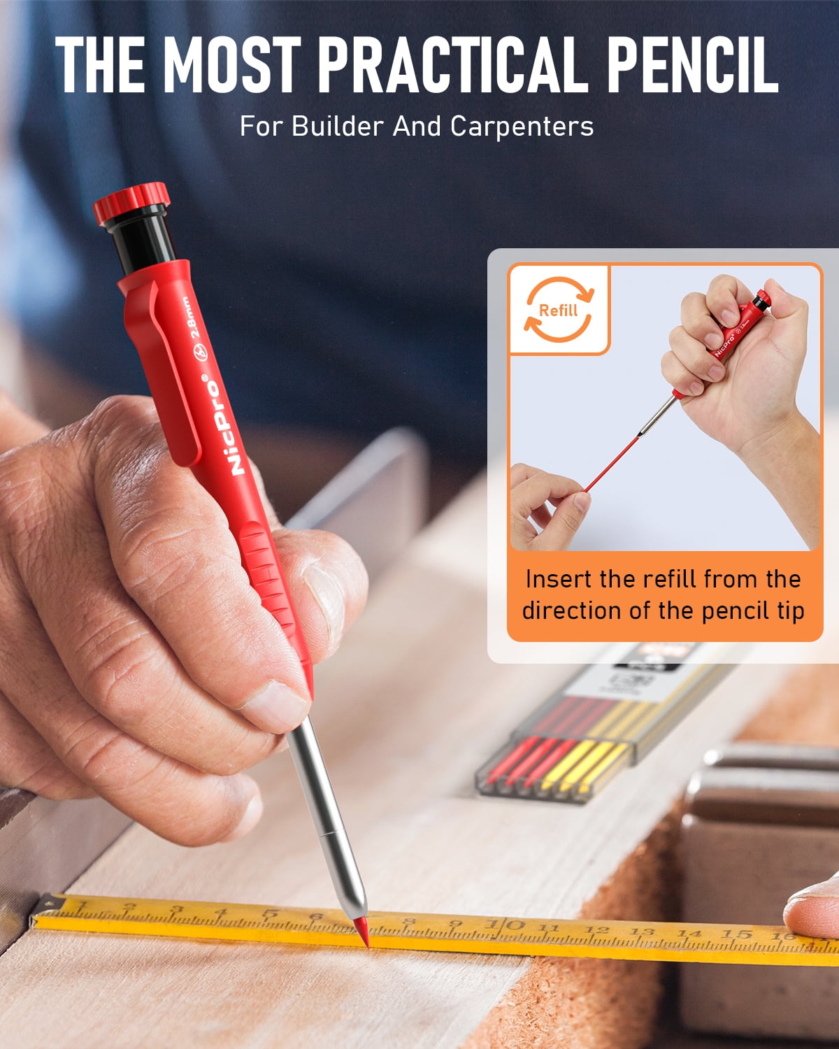 NicPro 2.8 mm Mechanical Carpenter Pencil Set with 26 Refills and Sharpener (Black, Red, Yellow, 2-Pack) q73d3