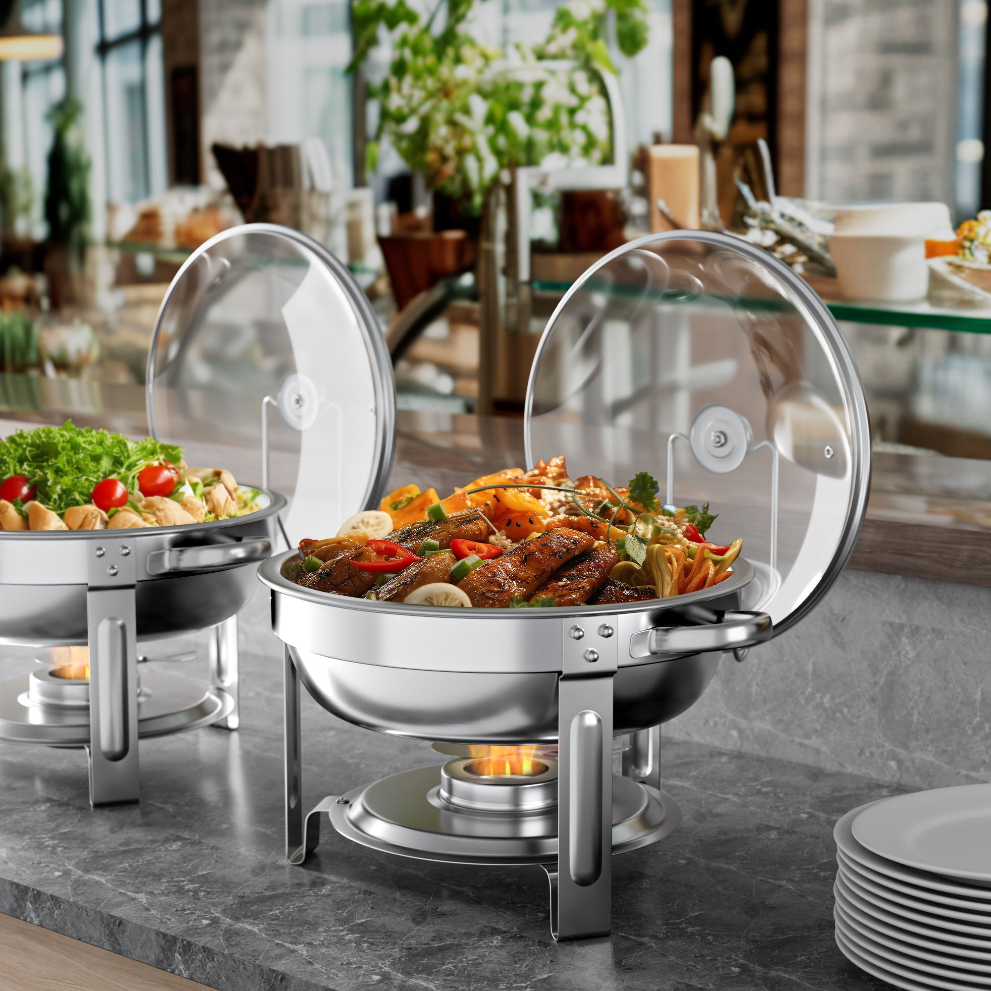 TINANA Stainless Steel Chafing Dish Buffet Set with Glass Lid and Lid Holder (Silver, 5 qt, 4 Pack) hxdin