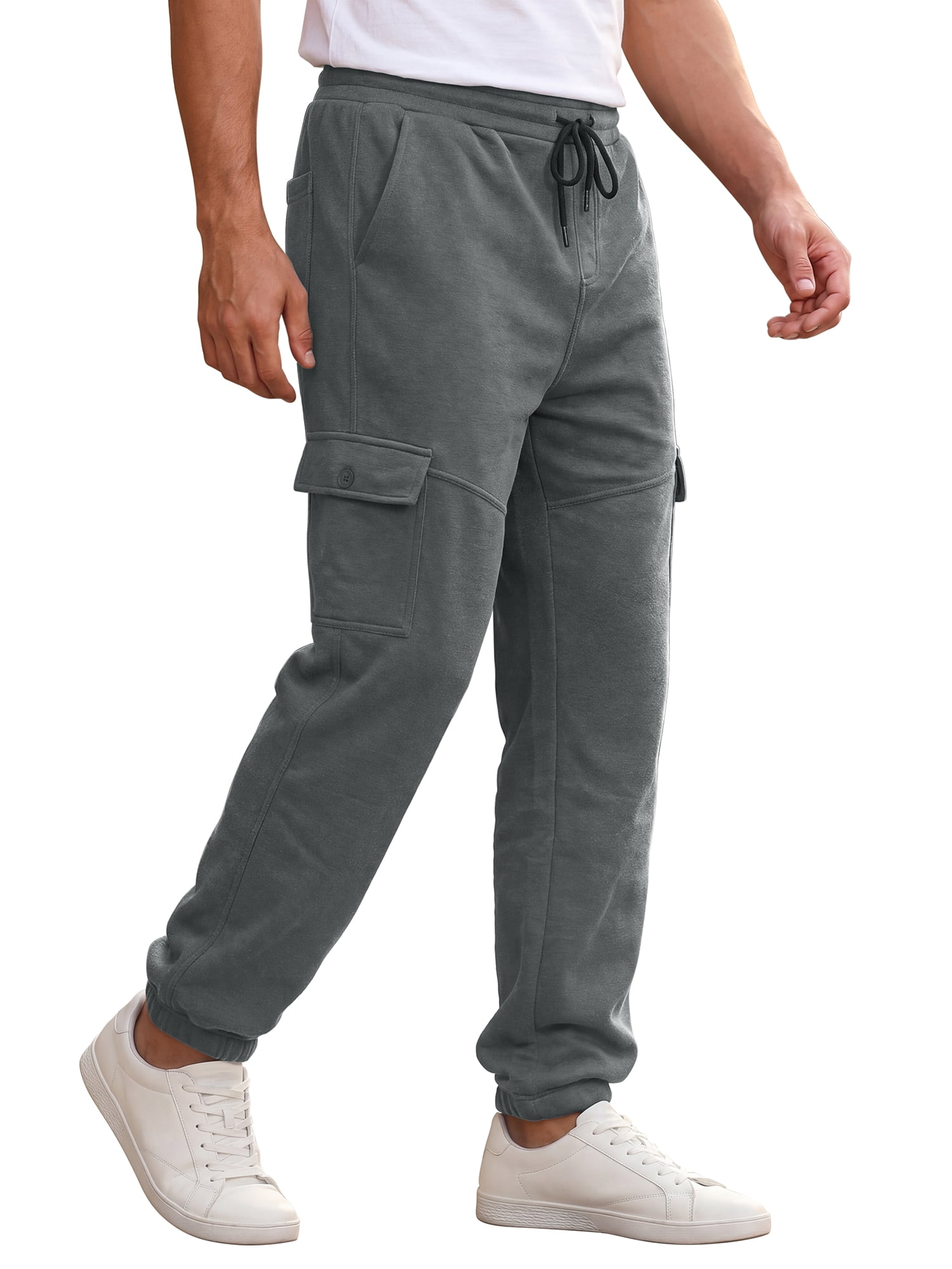 INSPIRE CHIC Men's Fleece Lined Cargo Sweatpants with Drawstring Waist and Multiple Pockets (Gray, 30 in) noc3n
