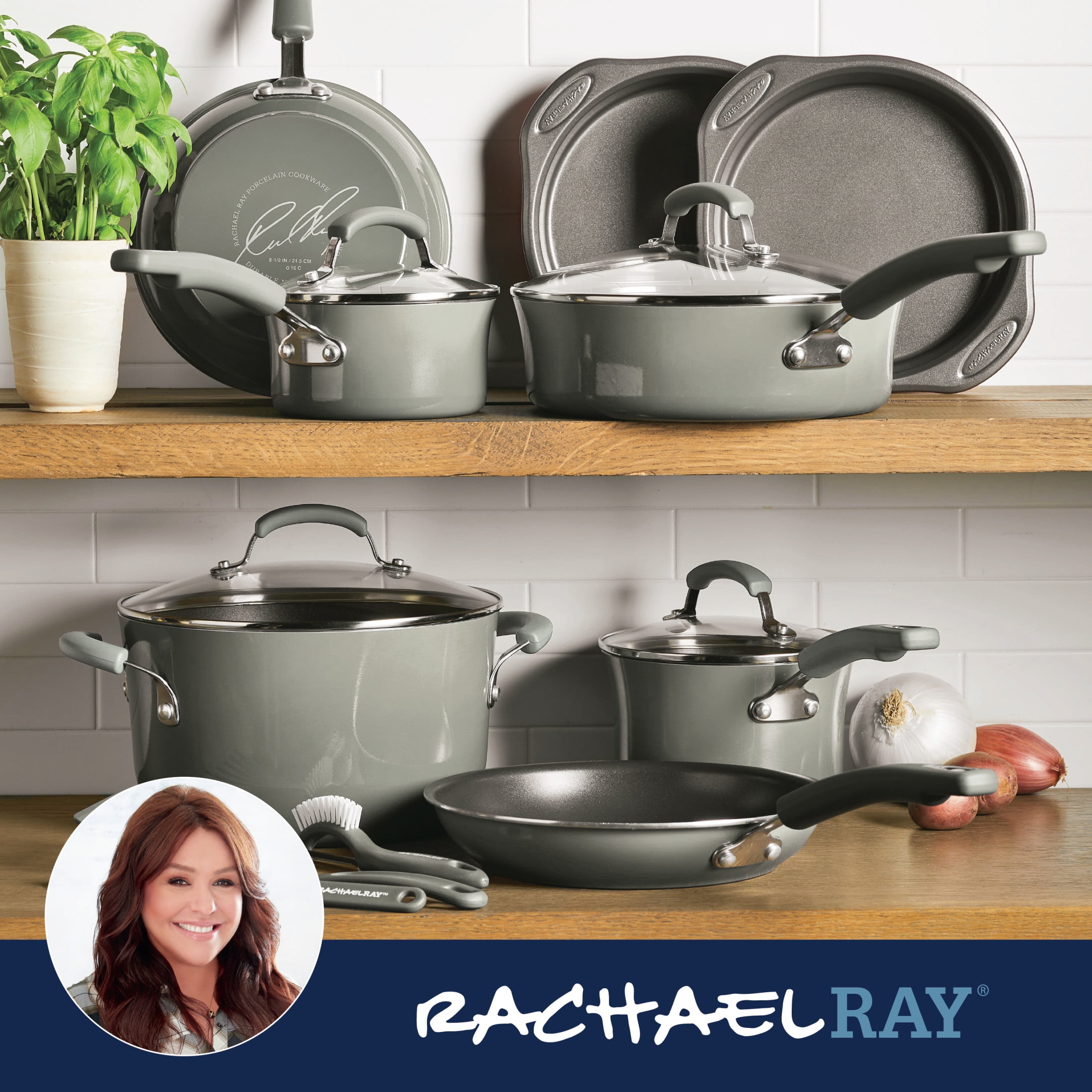 Rachael Ray 15 Piece Hard Enamel Nonstick Cookware Set (Gray, 15 Piece) phfly