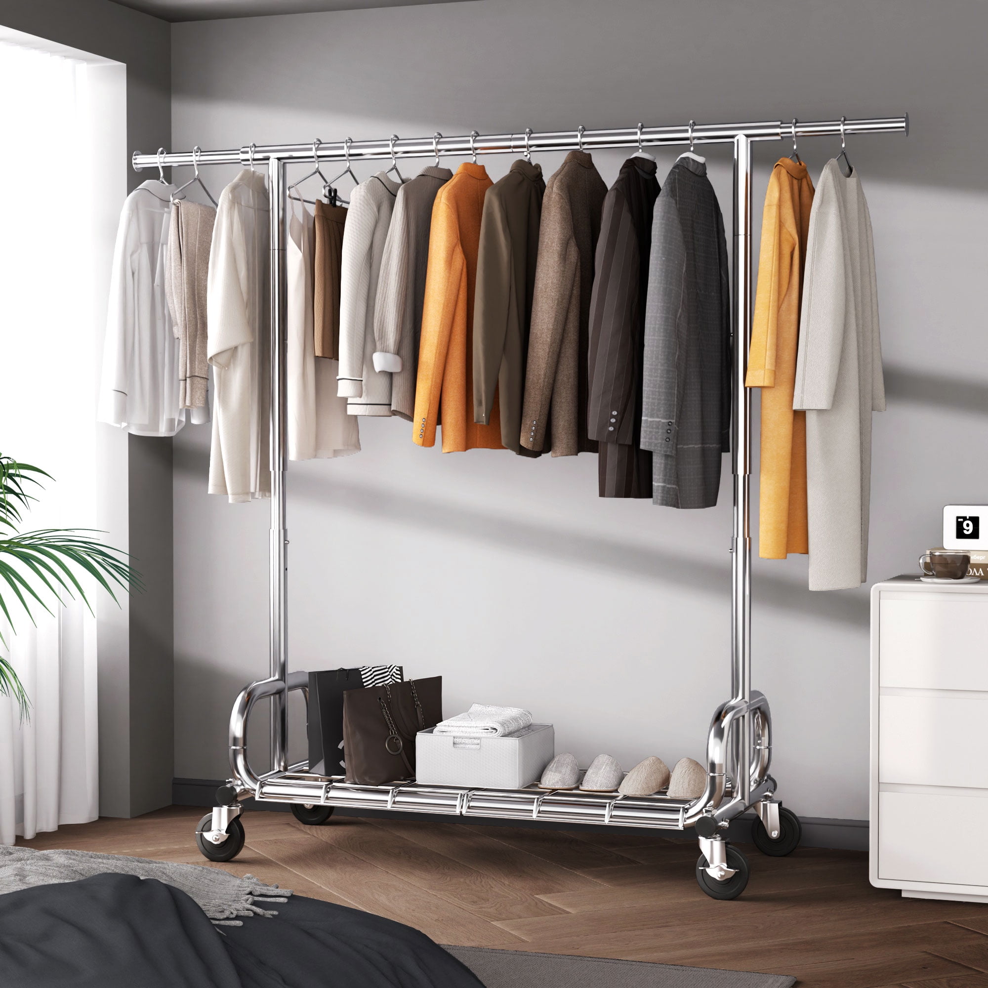 HOKEEPER Heavy Duty Rolling Garment Rack with Zippered Dust Cover (Silver, 450 lb Capacity) 7e30i