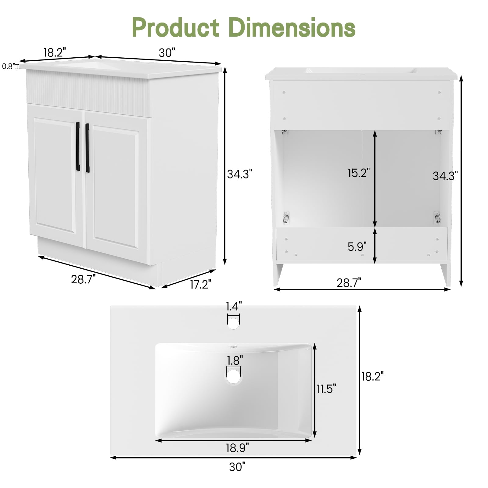 DodreHome 30 in Bathroom Vanity with Sink, Freestanding Modern Cabinet with 2 Soft-Closing Doors, Wave-Pattern Fluted Design (White) v4us6