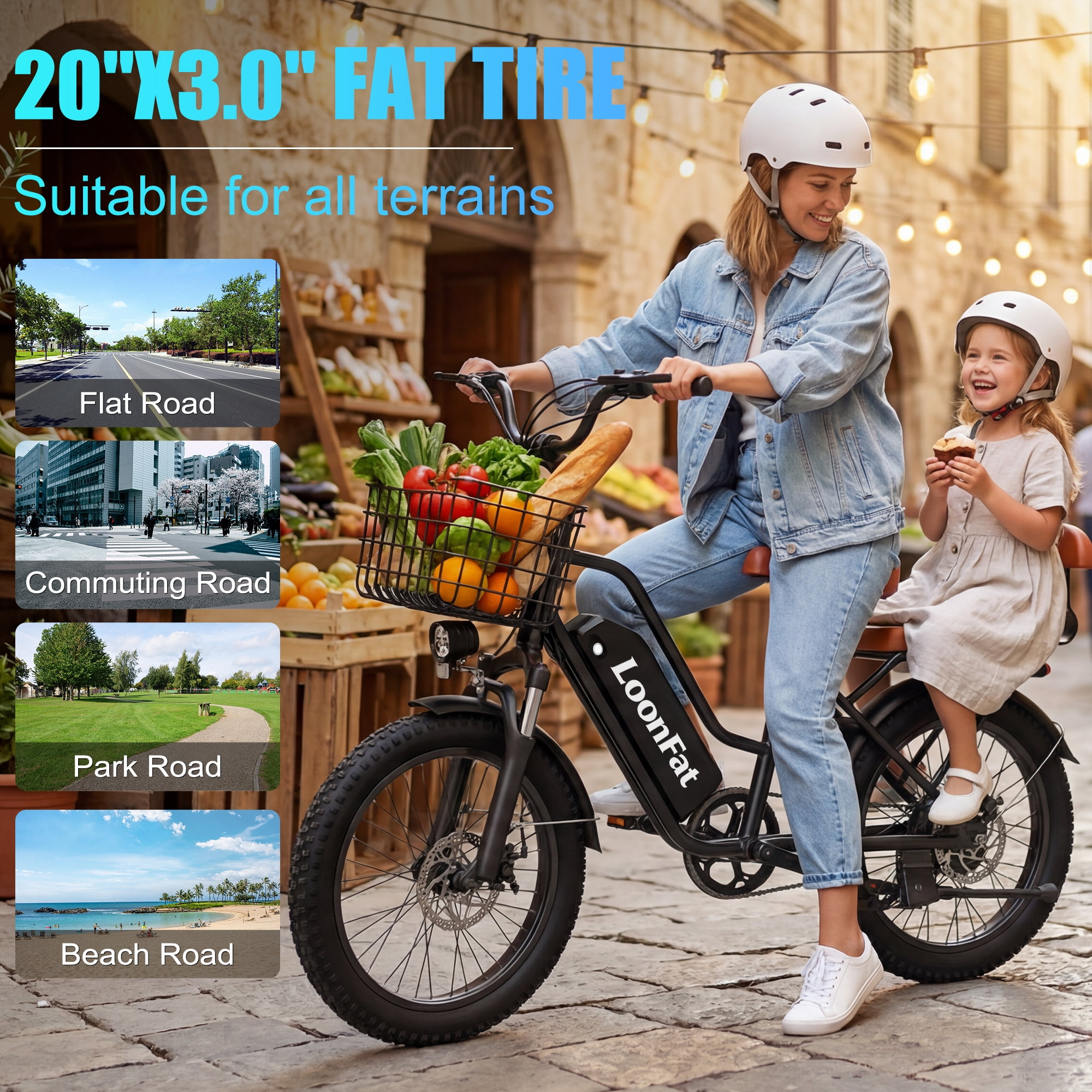 Loonfat Electric Bike for Adults, 1000W Peak Motor Commuter E-Bike with 48V Battery (Black, 20 in Tires) bt0nd