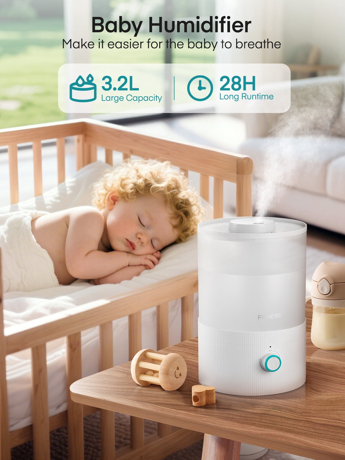 FOHERE Ultrasonic Cool Mist Humidifier for Bedroom and Nursery, Top Fill Essential Oil Diffuser with 7-Color Night Light (White, 0.85 gal) 0tdmr