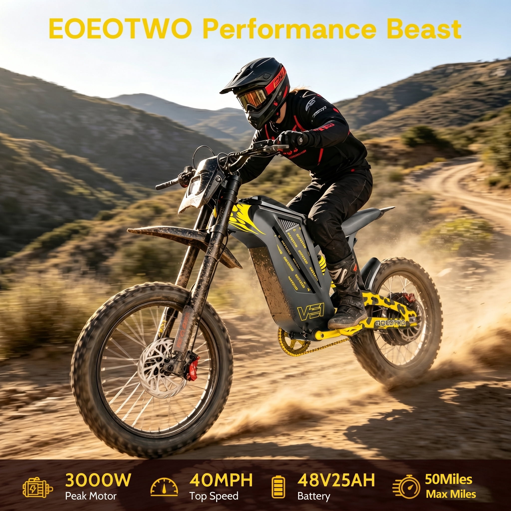EOEOTWO EX1 Adult Off-Road Electric Dirt Bike, 3000W Motor, 40MPH Top Speed, Dual Hydraulic Shock Suspension (Yellow, 17 in Tires) 01ywm