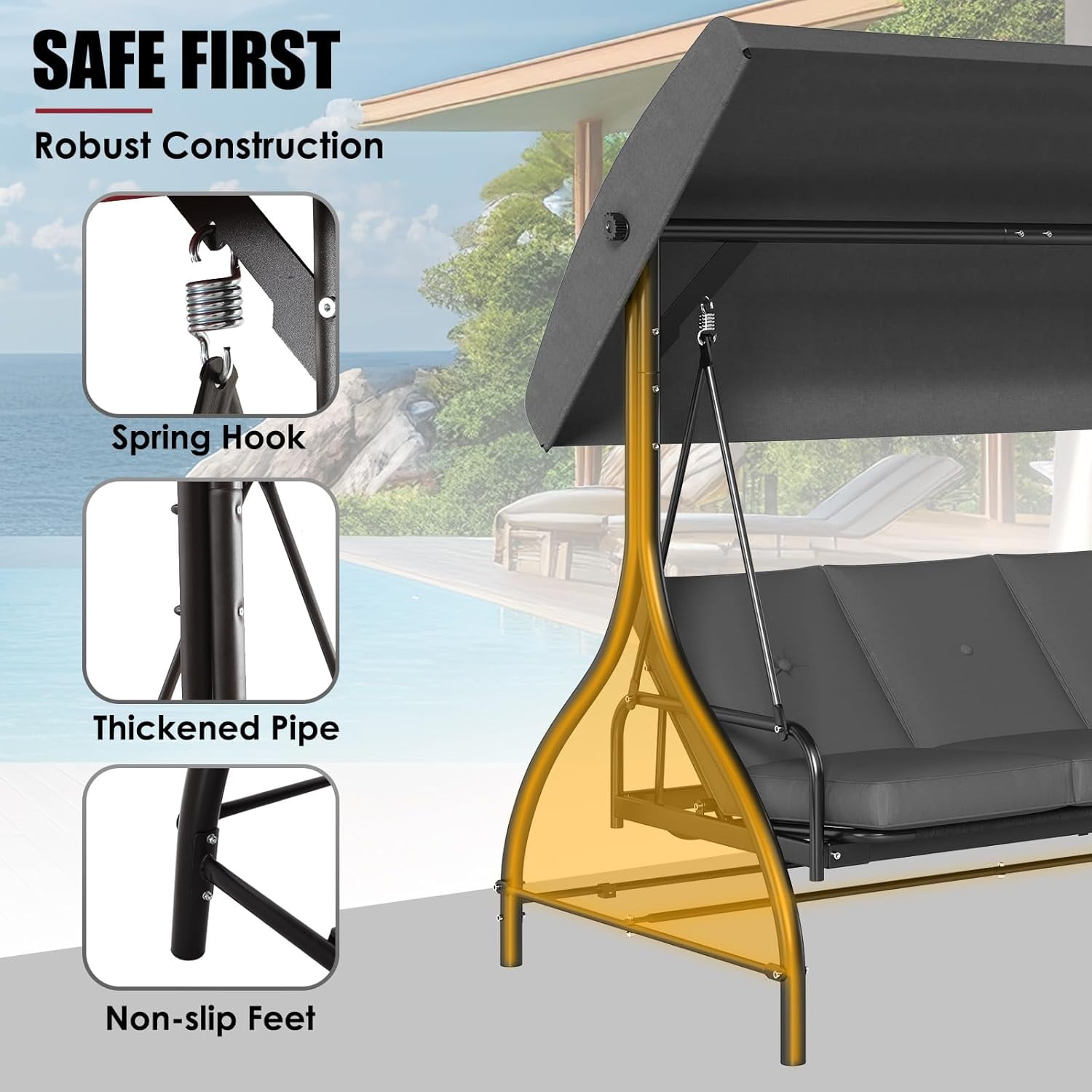 Arlopu 3-Seat Porch Swing, Outdoor Patio Swing Chair with Adjustable Canopy and Removable Cushions (Gray, 57 in) x1s5b