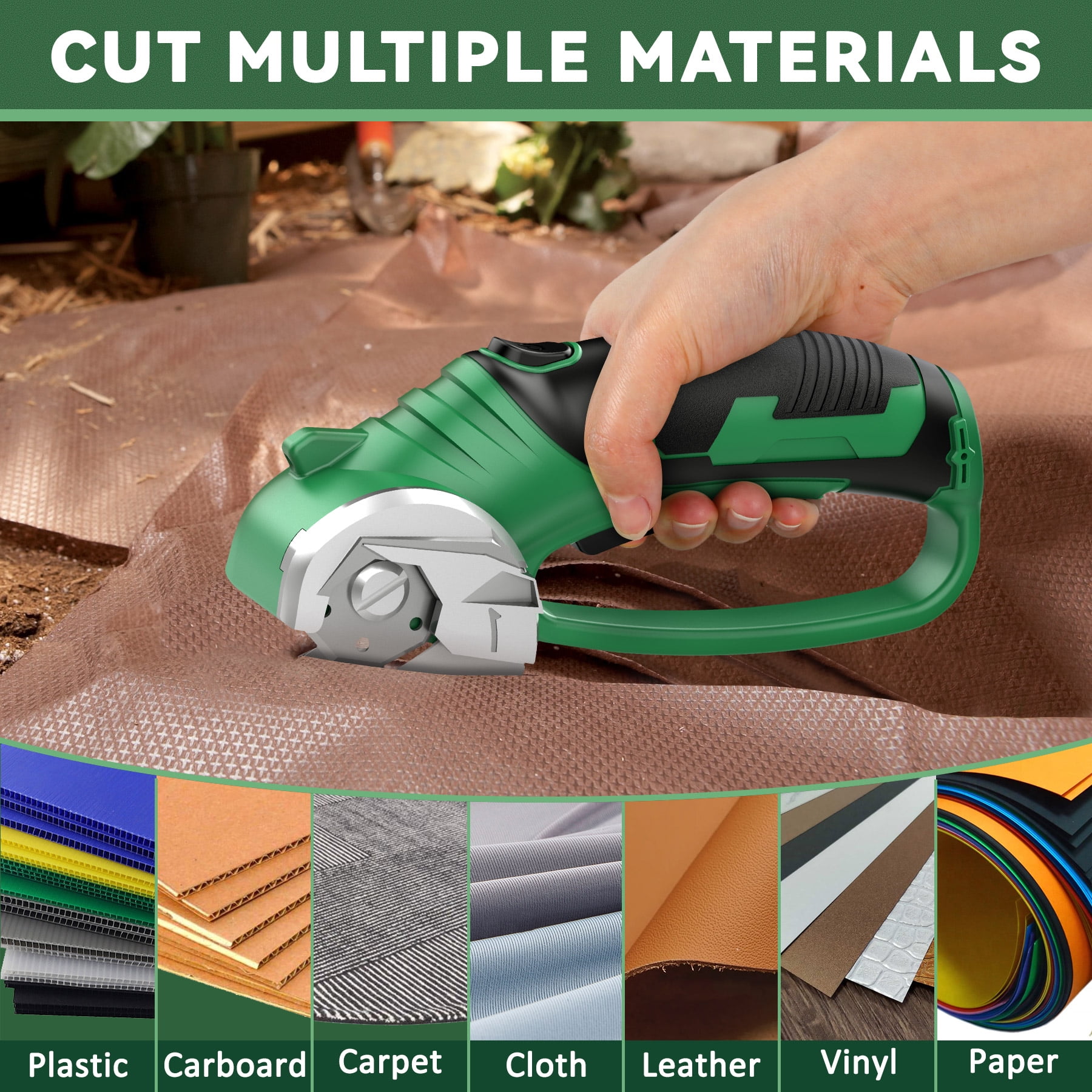 Jellas Cordless Electric Scissors, Rechargeable Power Cutter for Cardboard, Fabric, and Leather (Green, 8 in) 9x6ac