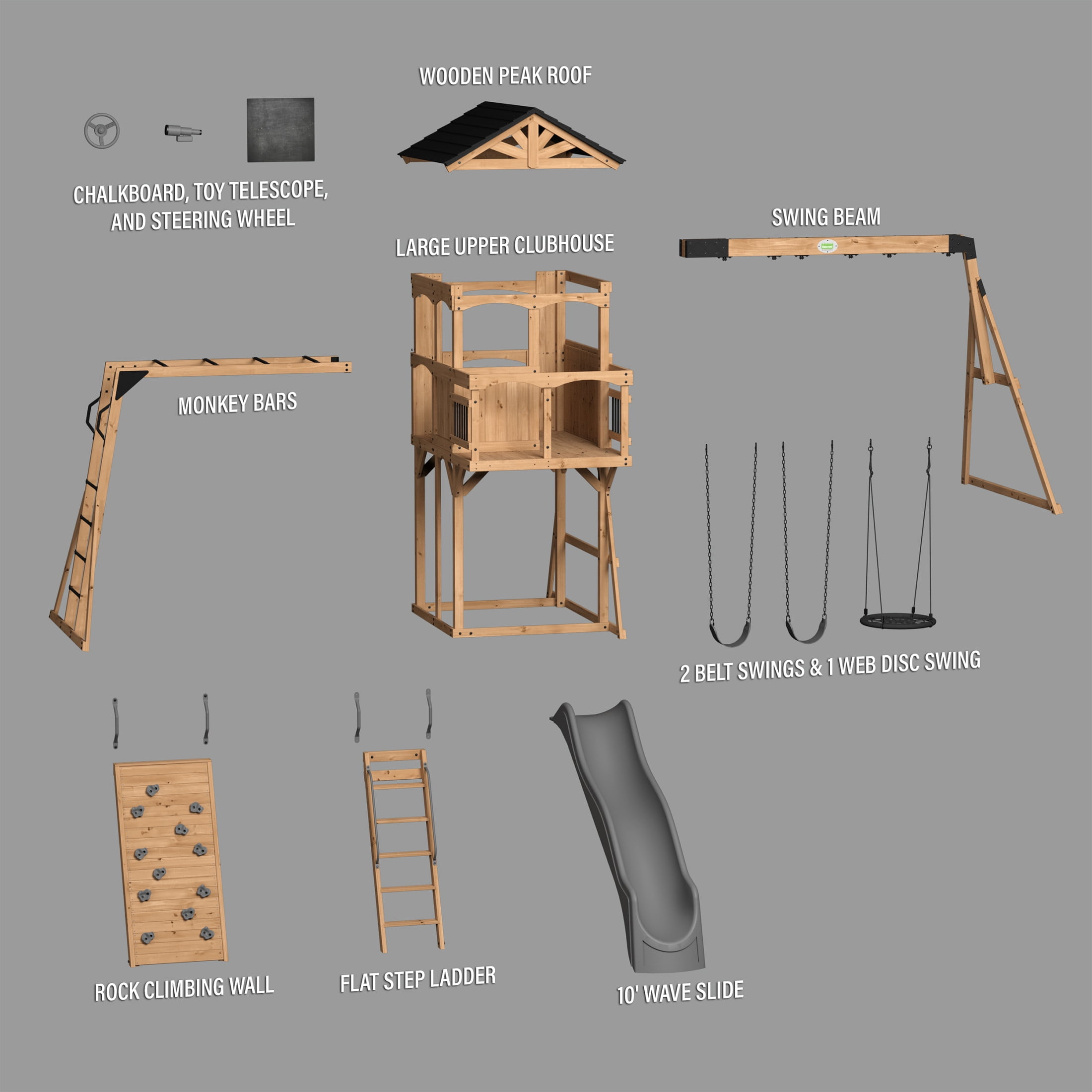 Backyard Discovery Dover Bay Spruce Swing Set with Clubhouse, Slide, Monkey Bars, and Rock Wall (Brown, 19.5 ft x 11.5 ft) 054gx