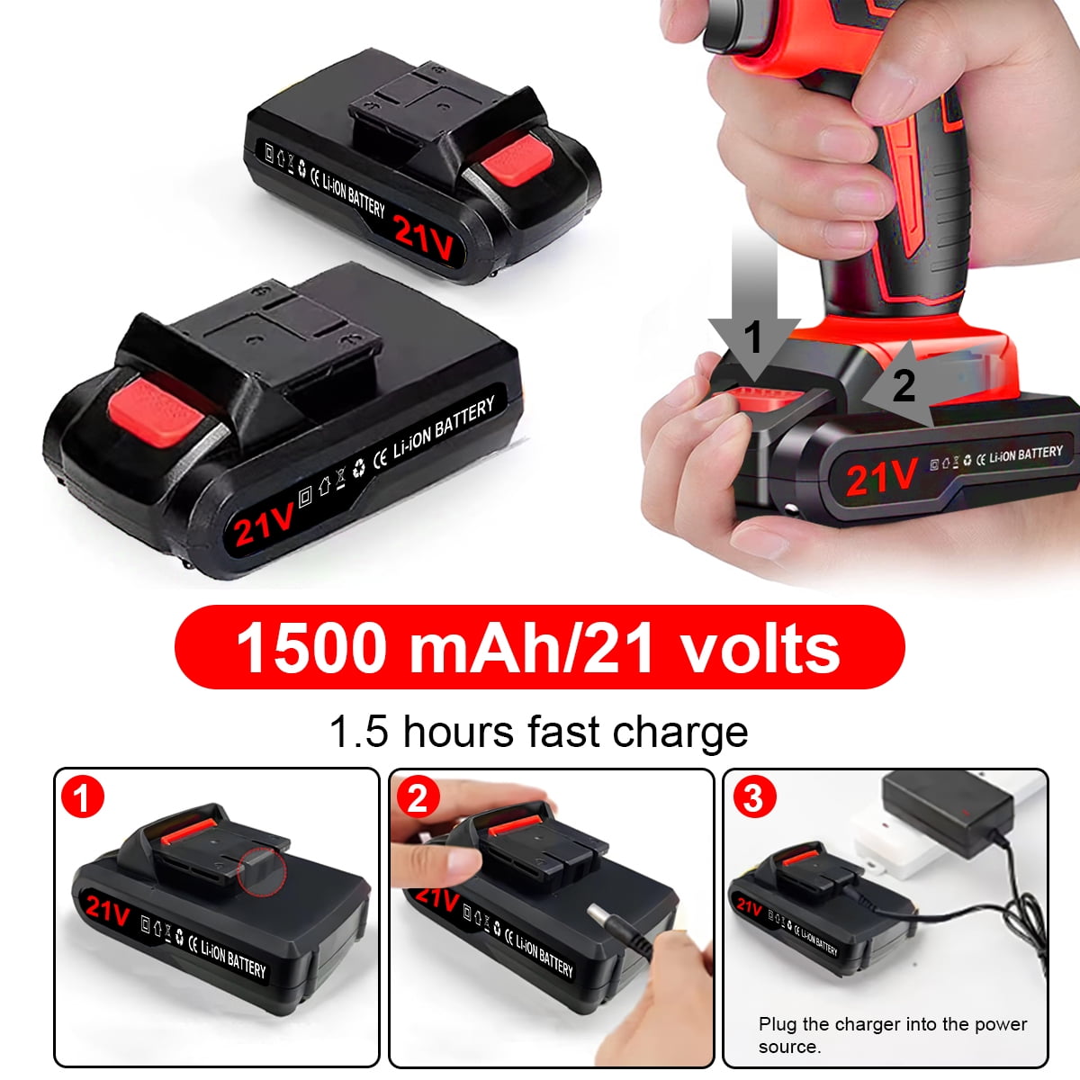 Hoey 21V Cordless Power Drill Set with 34-Piece Accessory Kit, 3/8 Inch Keyless Chuck, 2-Speed Compact Driver (Red, 34-Piece Set) 7xxuz