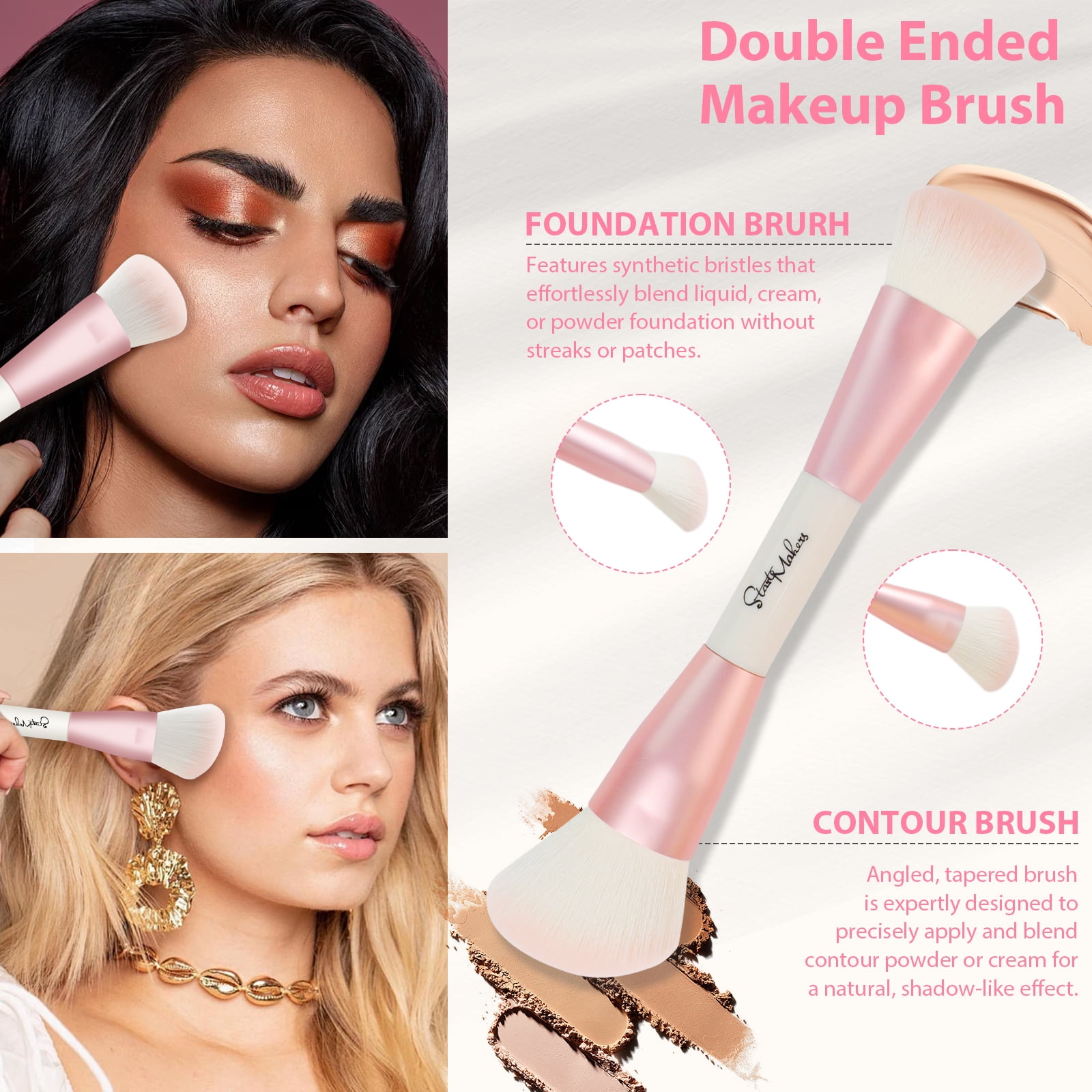 DUAIU Makeup Brush Set, 5Pcs Professional Double-Ended Face and Eye Brushes for Foundation Contour Blush (Pink, 5-Piece Set) fbeje