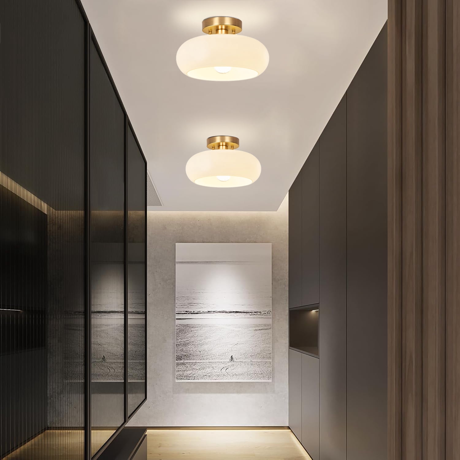 Jolydoly Mid-Century Modern Semi Flush Mount Ceiling Light, Gold Fixture with White Milk Glass Shade (11 in) mpivc