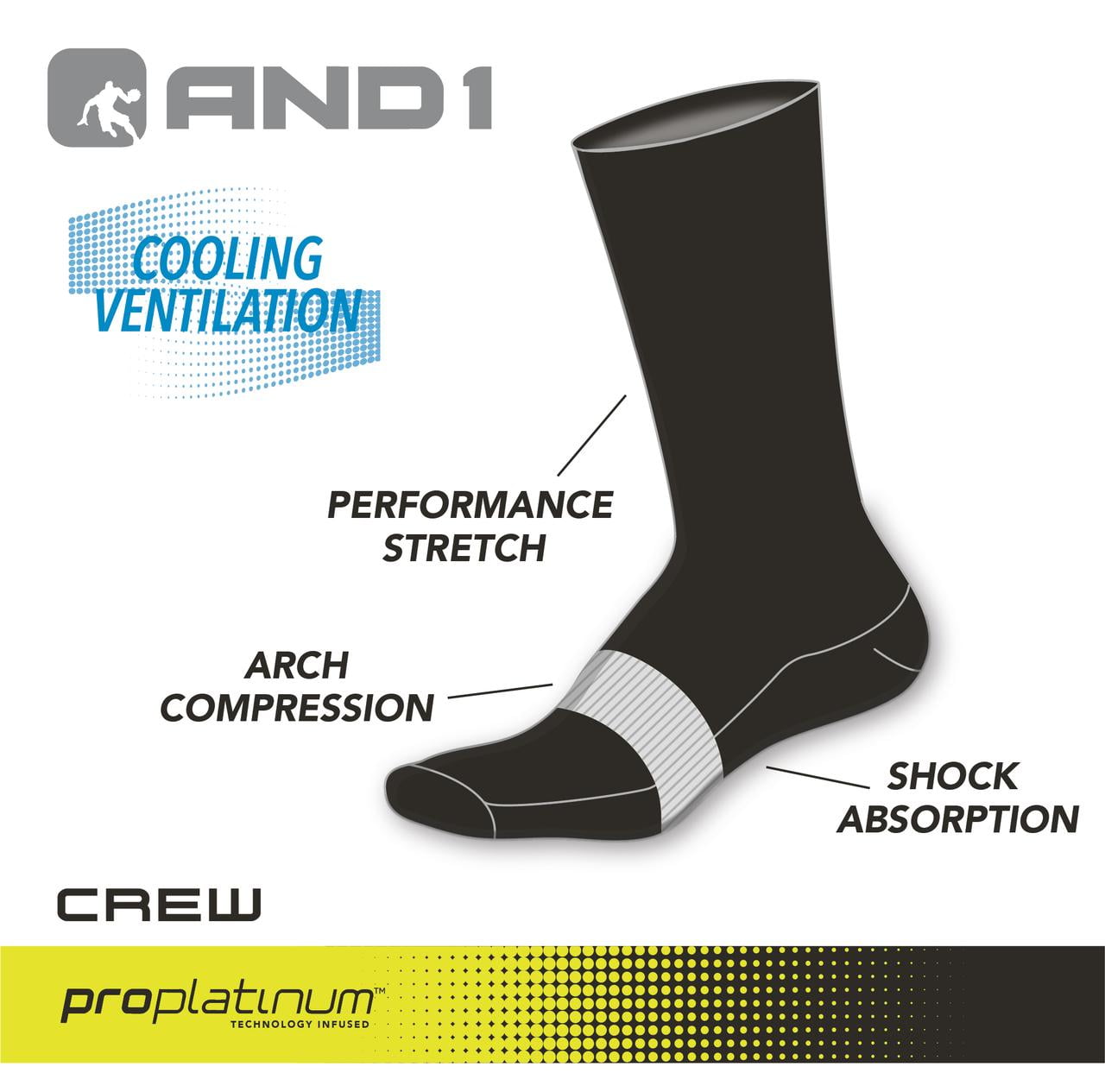 AND1 Men's Cushion Crew Socks, Moisture-Wicking Athletic Performance (Black, 12 Pack) 7etwr