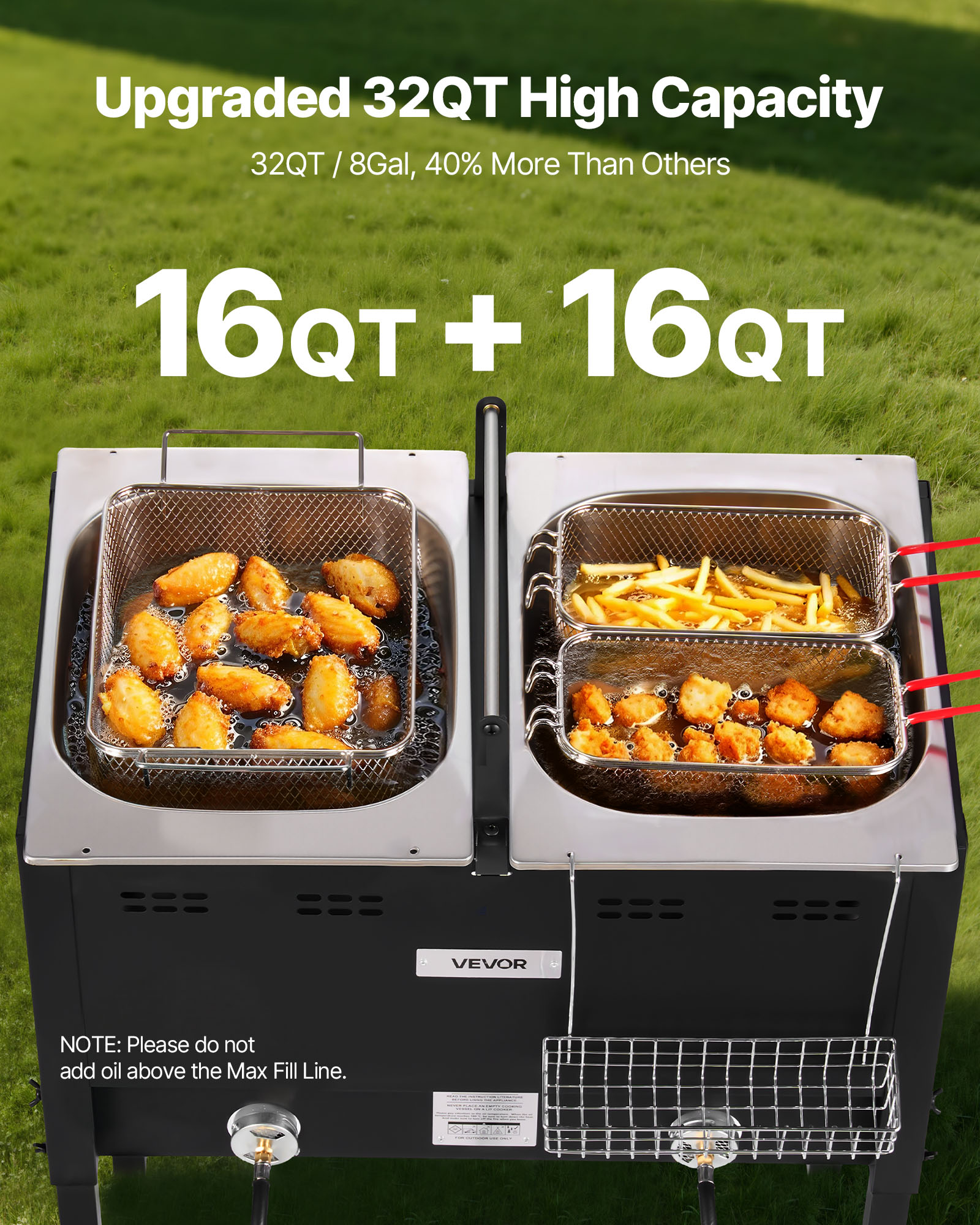 VEVOR Outdoor Propane Deep Fryer, Dual-Tank Commercial Fish Cooker with 3 Baskets and Thermometer (Black, 32 QT) kfzyn