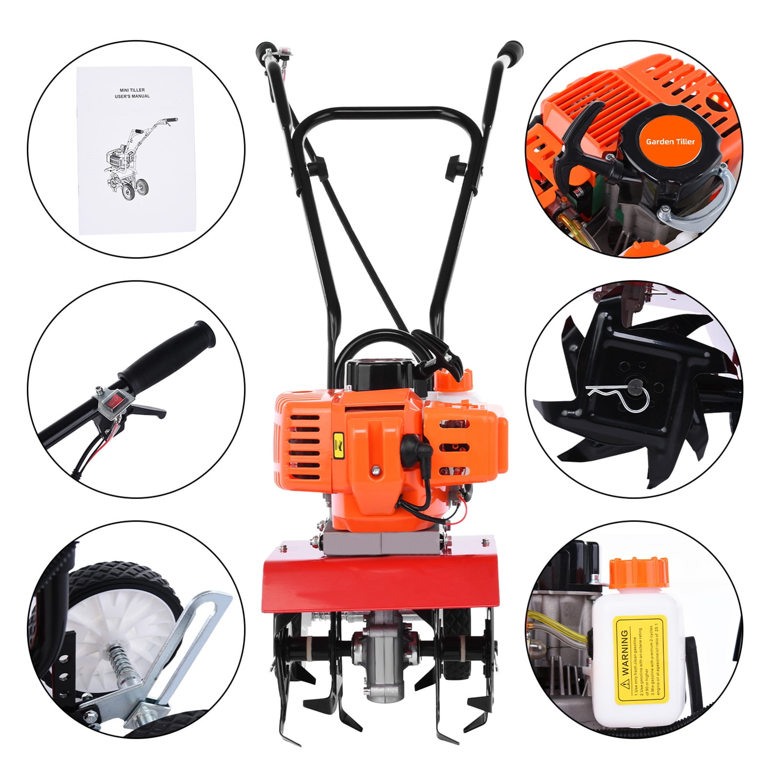 ziertyon Gas Tiller Cultivator, 52cc 2-Stroke Mini Rototiller for Garden Soil, Heavy-Duty Manganese Steel Tines (37 in x 32 in x 12 in) bzefq