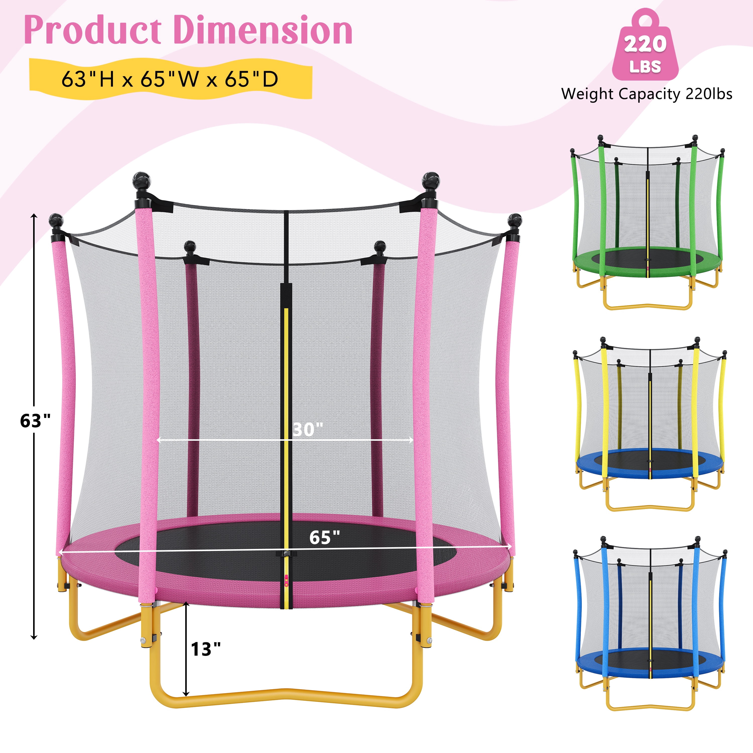 Segmart Kids Trampoline with Safety Enclosure Net and Padded Frame (Pink, 65 in) ex5fj