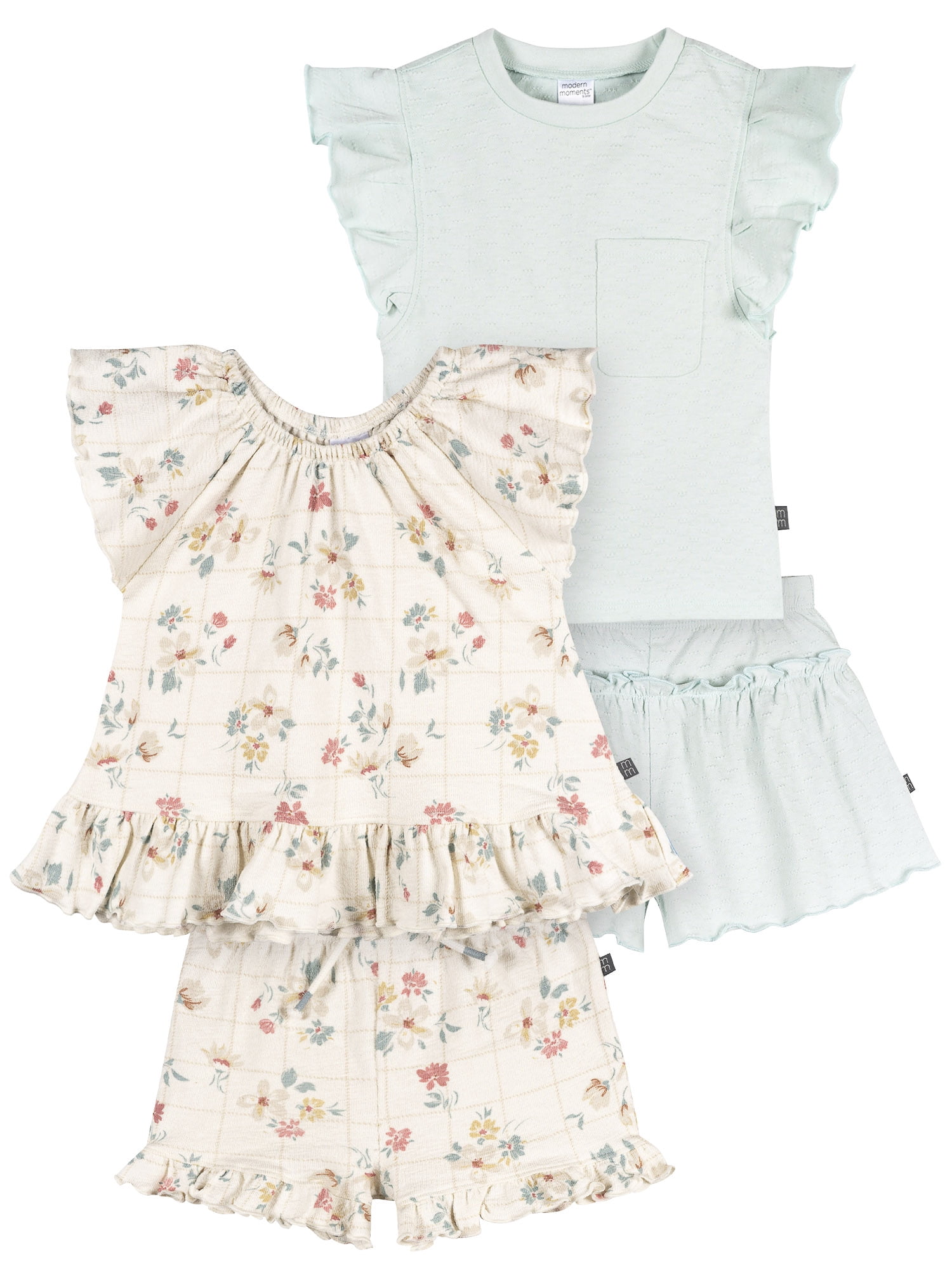 Modern Moments by Gerber Toddler Girl Organic Cotton Top and Short Outfit Set (Blue, 4-Piece) 56frj