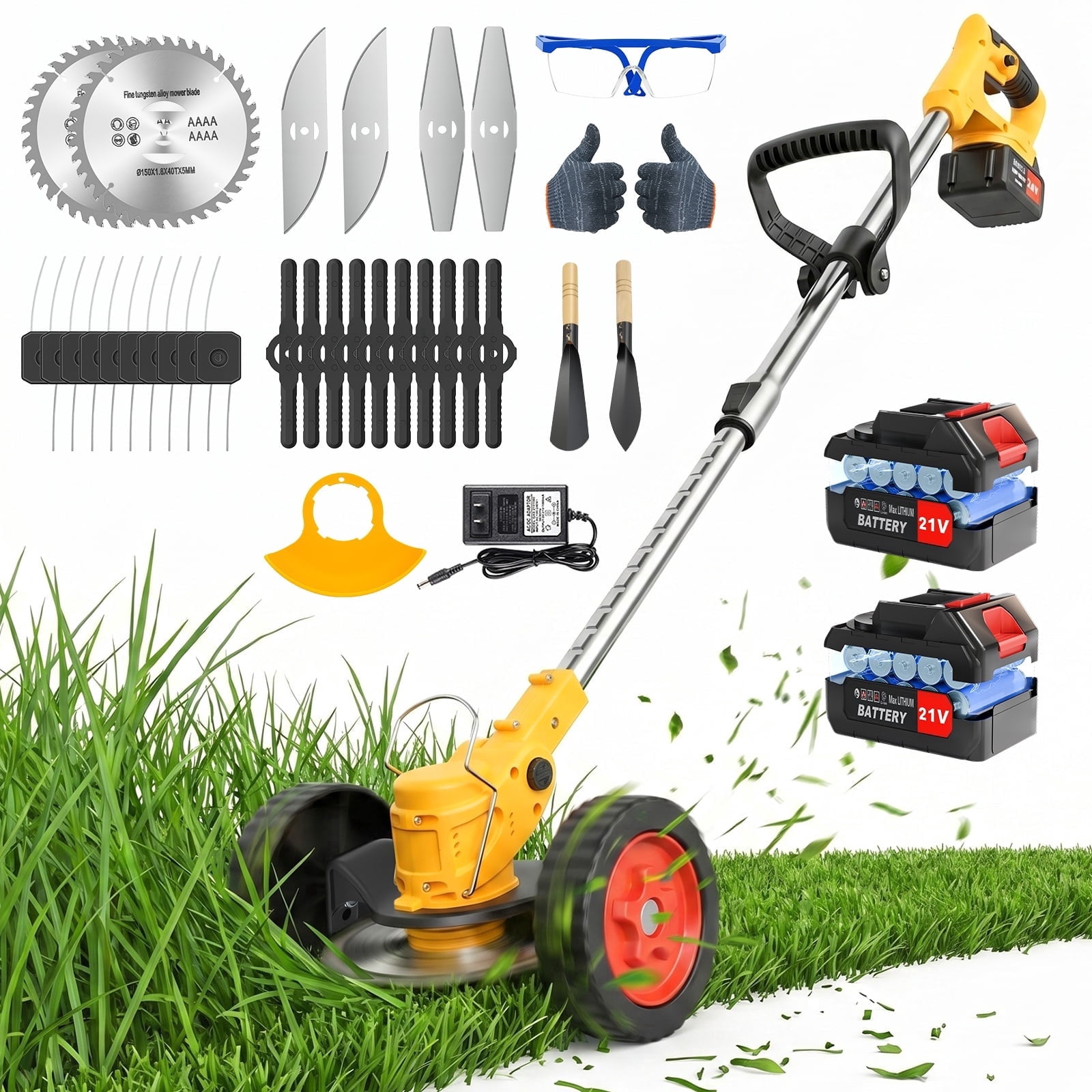 CATGOOD Cordless Electric Weed Trimmer with Wheels, 650W Grass Edger and Brush Cutter, Adjustable Shaft (Yellow, 2-Battery Pack) knlph