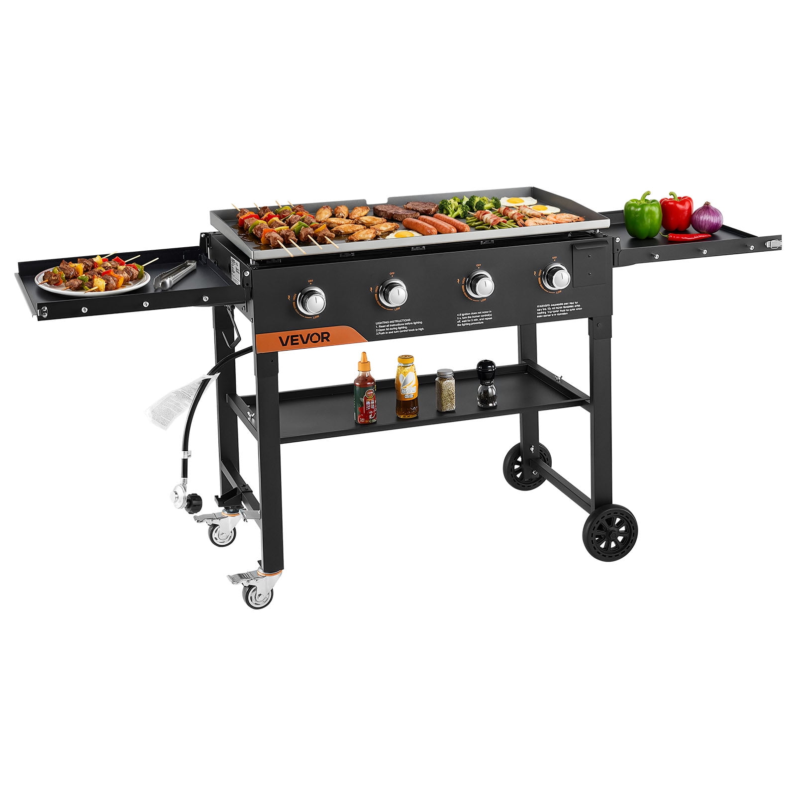 VEVOR 4-Burner Propane Gas Griddle, Outdoor Flat Top Grill with Foldable Cart and Wheels (36 in) cjy7q